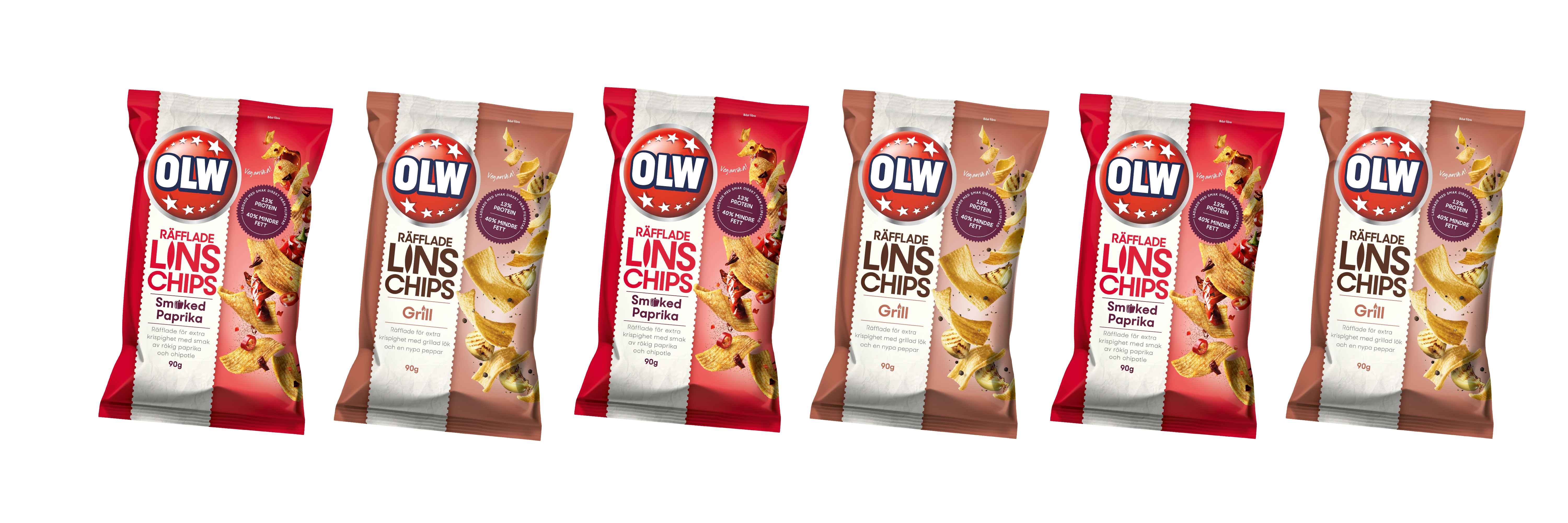 sex förpackningar linschips i en rad
