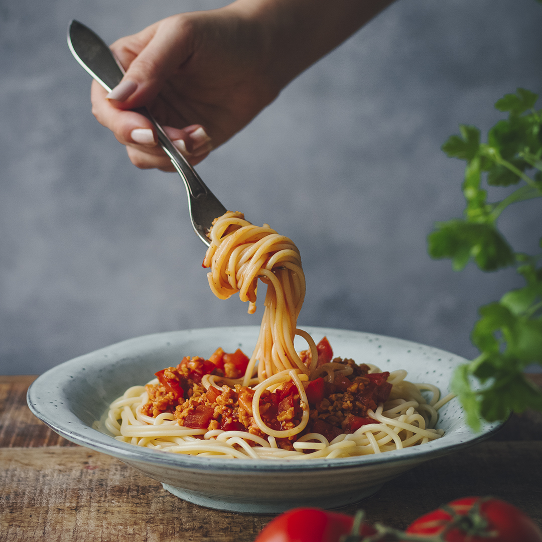 Pastatallrik med vegansk bolognese