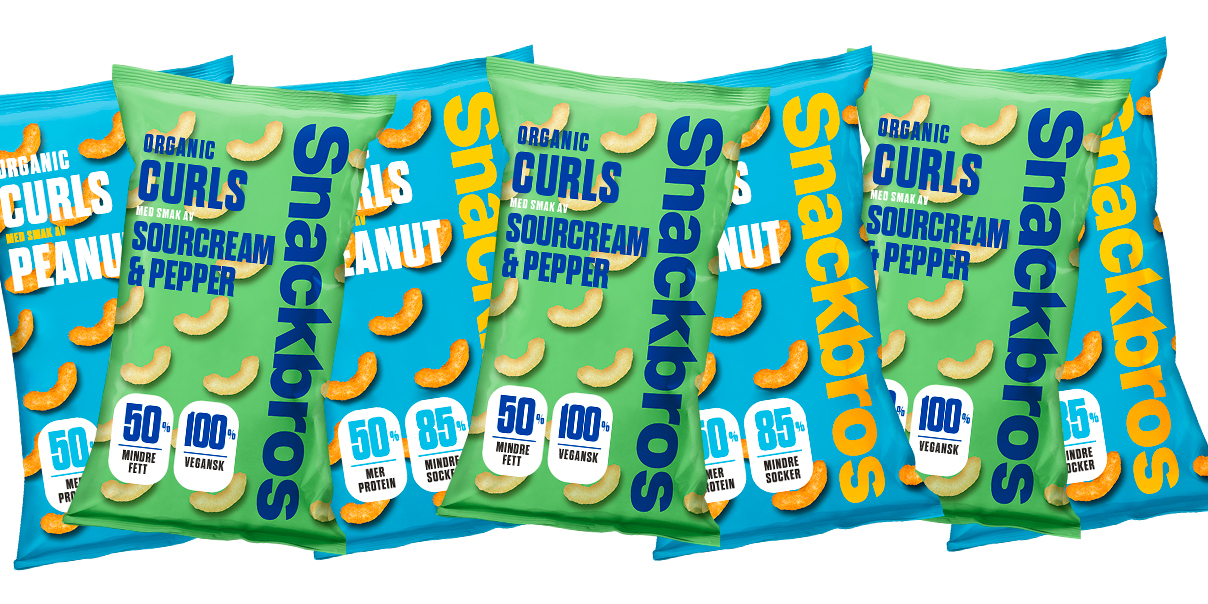 flera förpackningar av veganska snacks från Snackbros