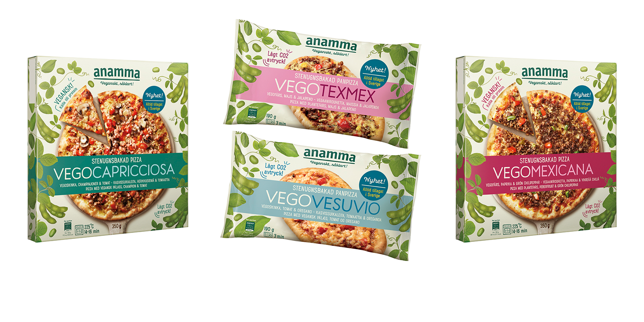4 förpackningar av veganska pizzor från Anamma