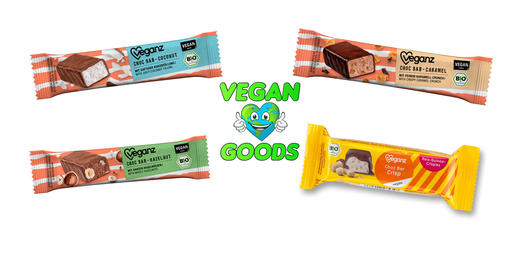 Veganska styck choklad från Veganz med Vegan goods logga