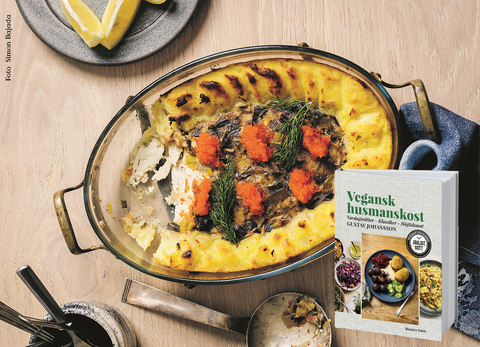 vegansk fiskgratäng och bokomslag