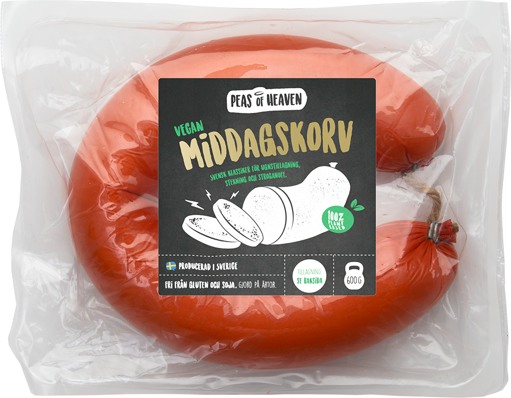 Foto: Peas of heaven Ring med middagskorv i plastförpackning med Peas of heavens logga på där det står middagskorv i guldiga bokstäver och en bild på en korv i svart och vitt.