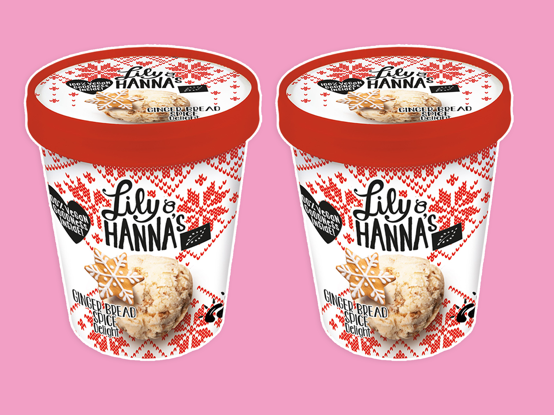 Produktfoto: Lily & Hanna Två runda kartongbyttor med Gingerbread Spice Delight-glass från Lily & Hanna, mot rosa bakgrund.