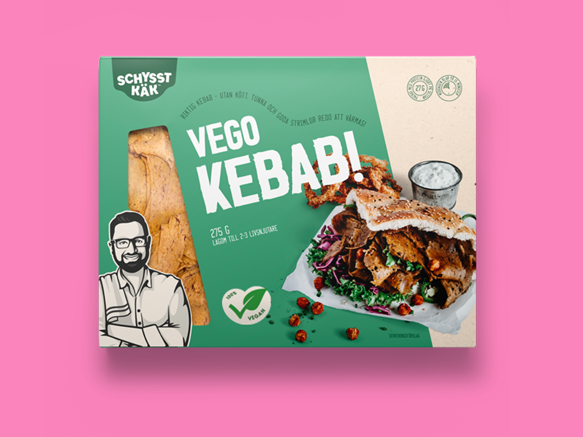 Produktfoto: Schysst käk Förpackning med vegokebab från Schysst käk, mot rosa bagrund