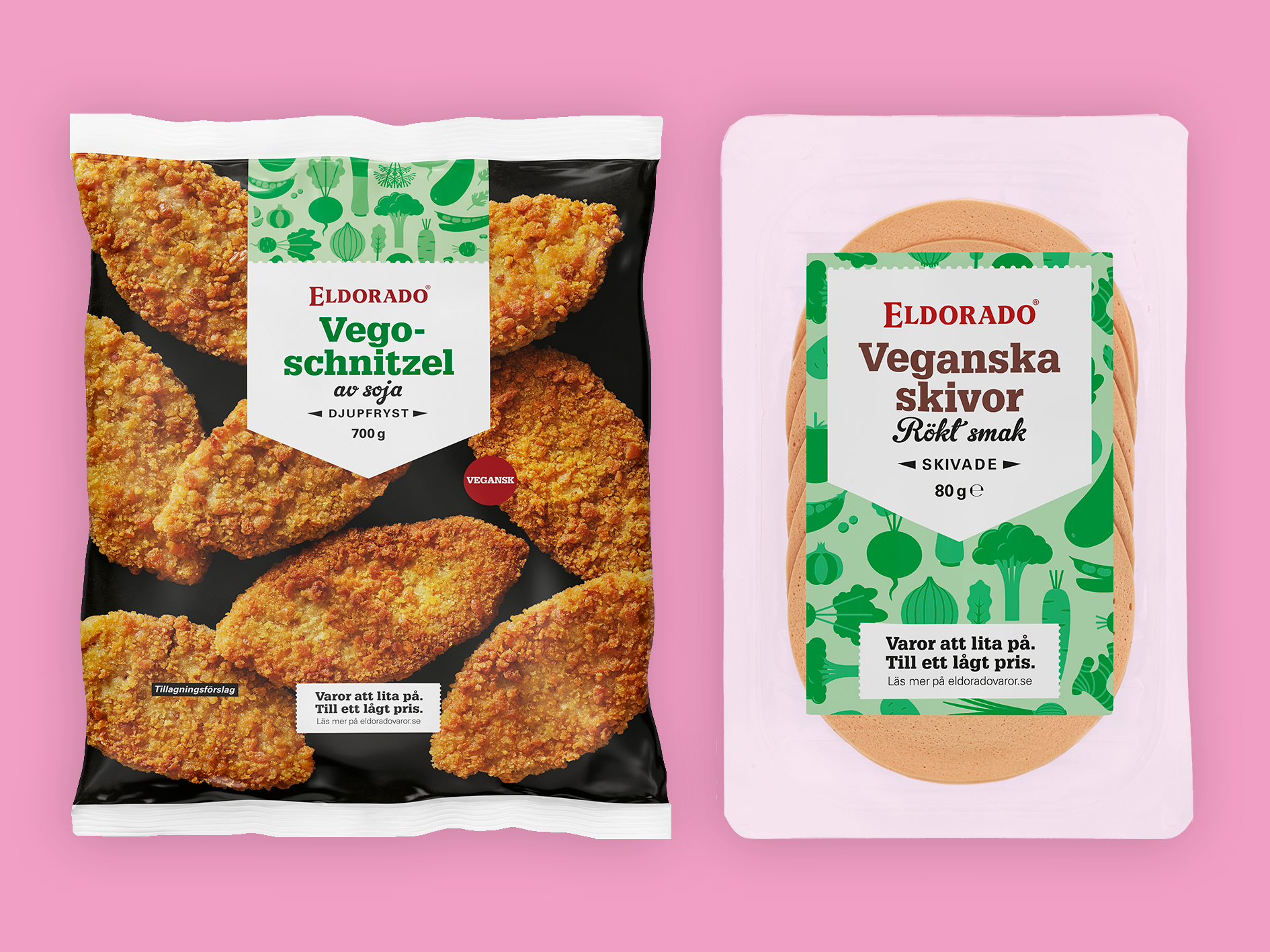 Produktfoto: Axfood/Eldorado Vegoschnitzel och Veganska skivor Rökt smak från Eldorado, i förpackningar mot rosa bakgrund.