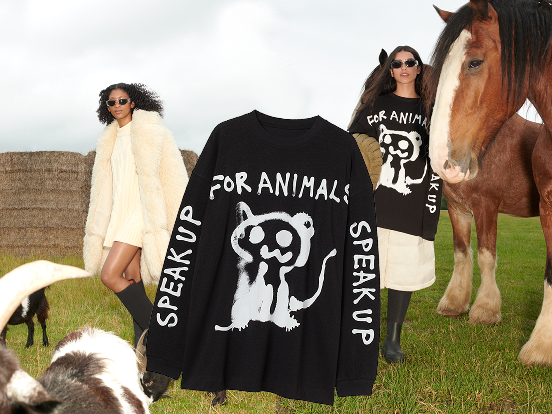 Foto: H&M Modefoton från kollektionen Co-Exist Story, samt inklippt tröja med texten "Speak up for animals"