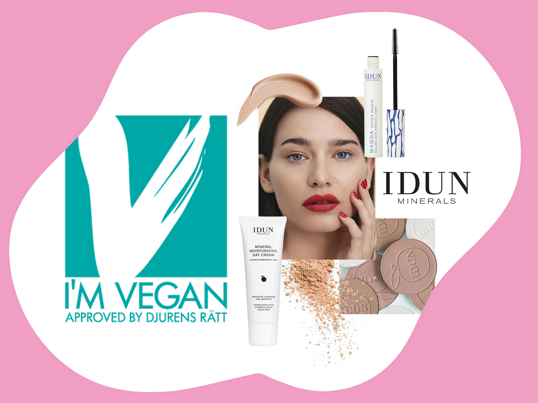 Djurens Rätts I'M VEGAN-logga samt ett collage med sminkbilder från IDUN minerals