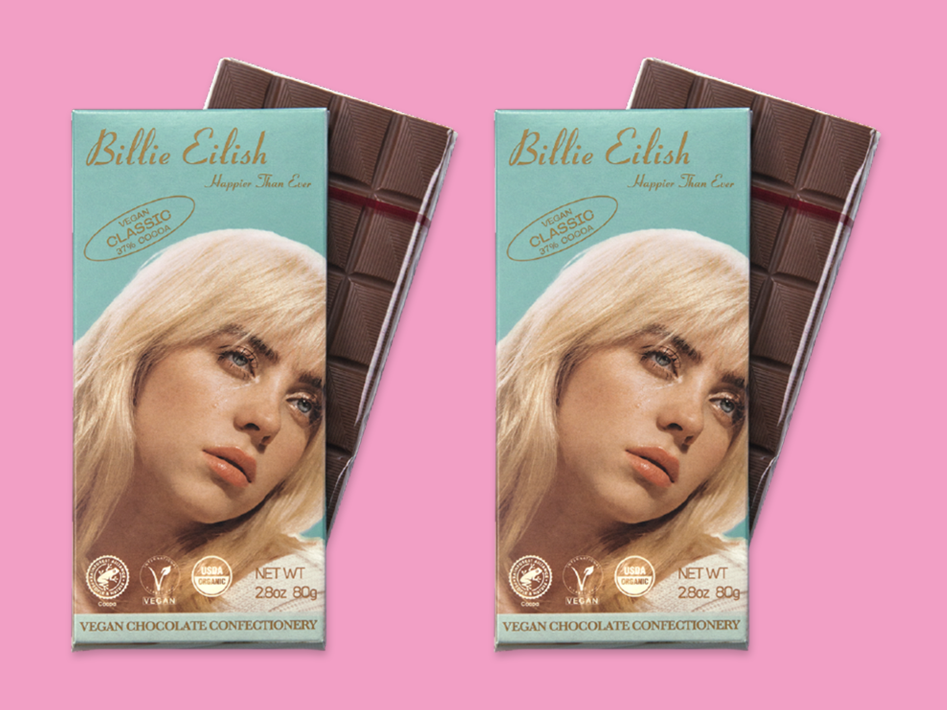 Produktfoto: Billie Eilish Store Veganska chokladkakan Happier than ever med Billie Eilish ansikte på förpackningen