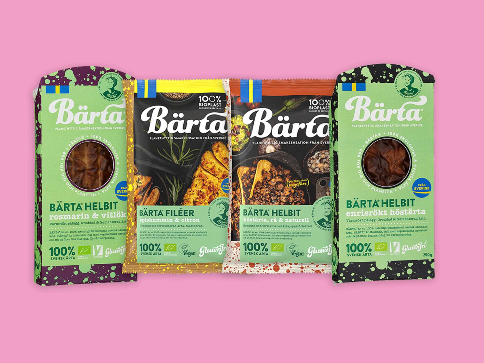 Produktfoto: Bärta Fyra nya produkter från Bärta på rad, mot rosa bakgrund