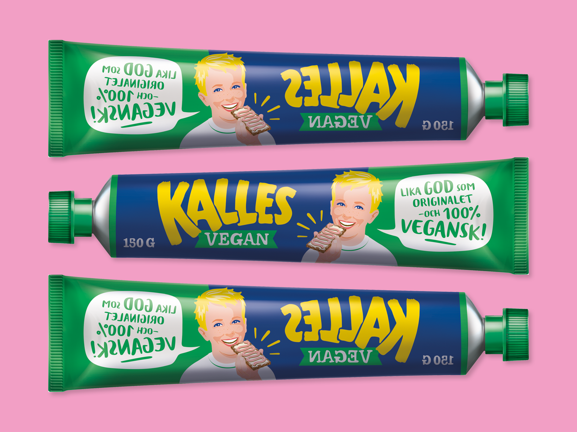 Produktfoto: Orkla Sverige Tre stycken Kalles Vegan, i förpackning, mot rosa bakgrund.