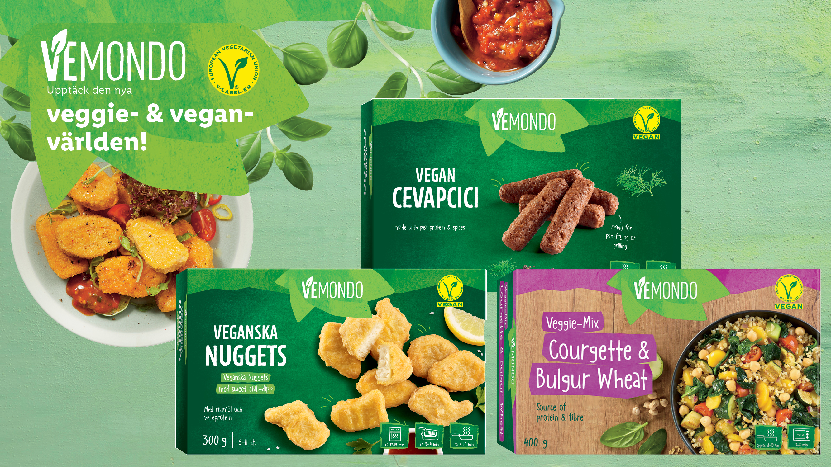 Foto: Lidl Sverige Veganska produkter från Vemonod/Lidl i förpackning, mot grön bakgrund med texten "Upptäck den nya veggie- och veganvärlden!"