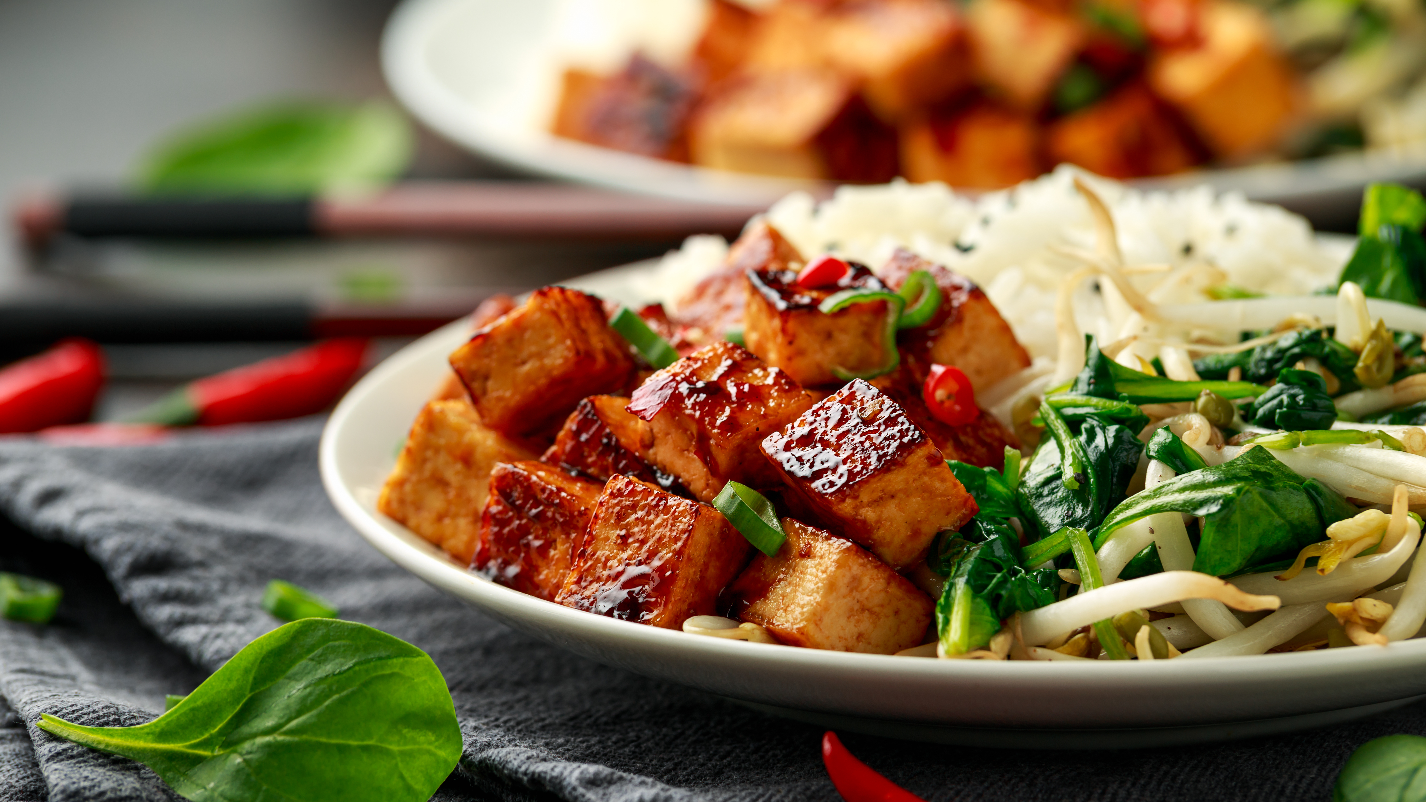 Foto: DronG / Shutterstock Talrik med tofu, ris, spenat och böngroddar.