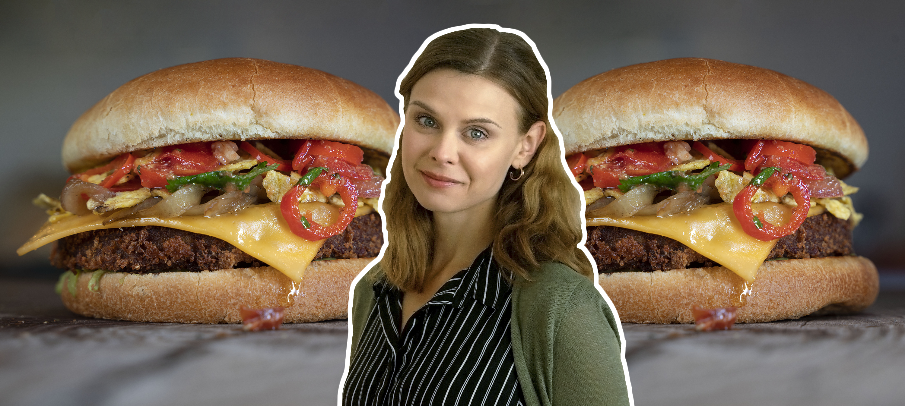 Foto: BORES / Djurens Rätt BORES veganska "månadens burgare" Vegan FriYay, med Välj Vegos redaktör Matilda Andersson inklippt i bild.