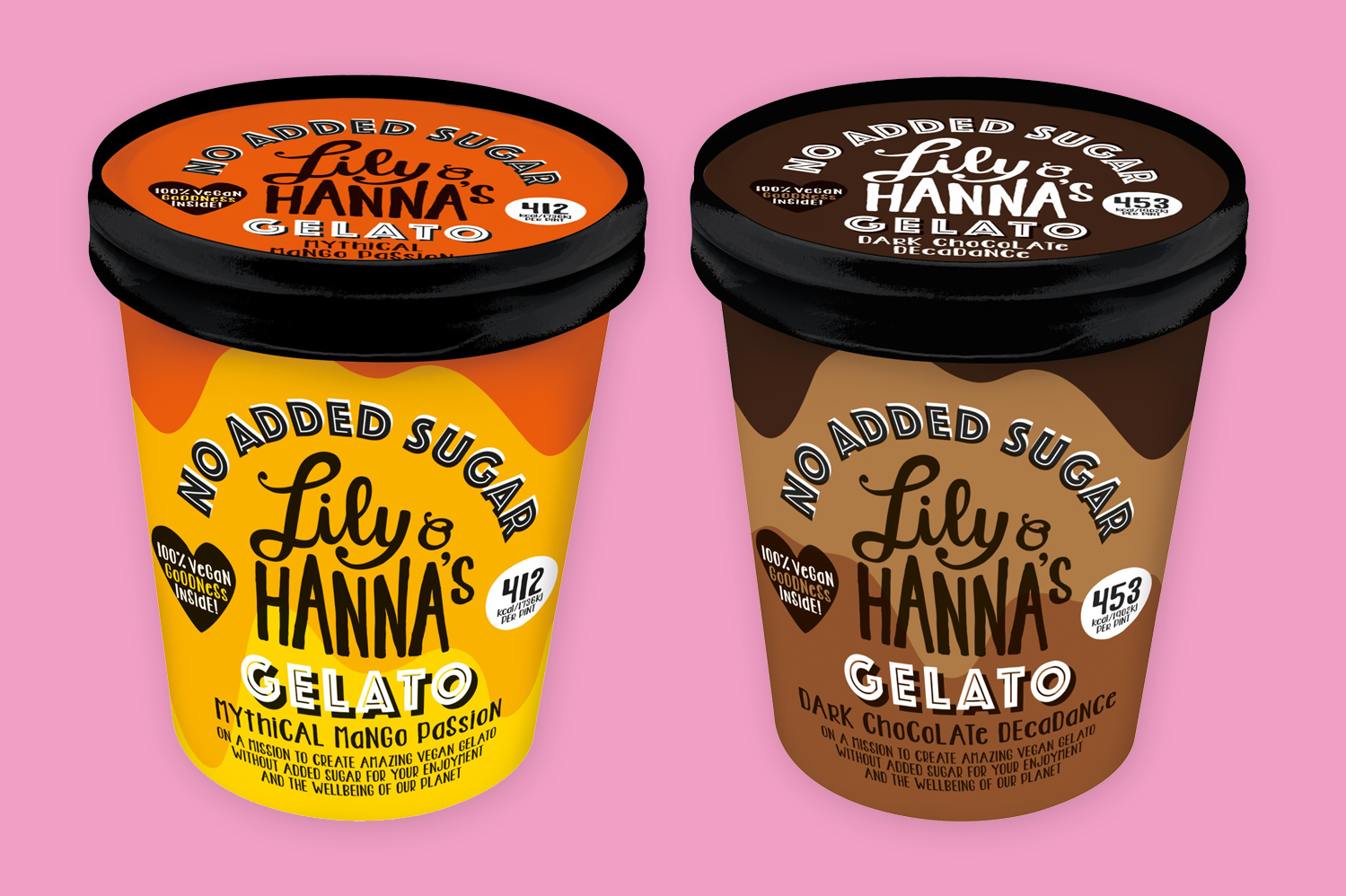 Produktfoto: Lily & Hanna's Lily & Hanna's veganska gelato utan tillsatt socker, i smakerna Dark Chocolate Decadence och Mythical Mango Passion