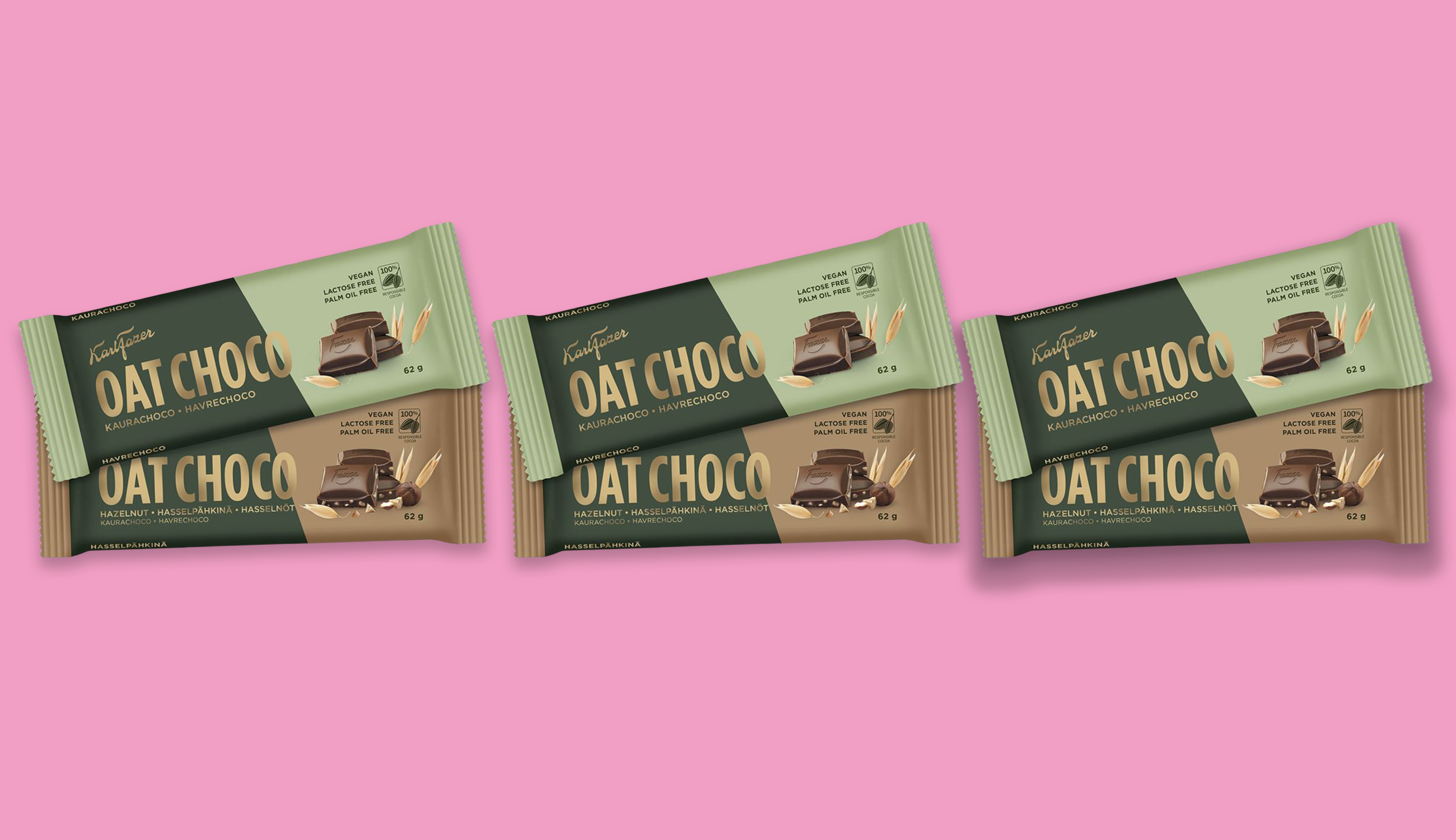 Produktfoto: Fazer 6 veganska chokladkakor mot en rosa bakgrund.