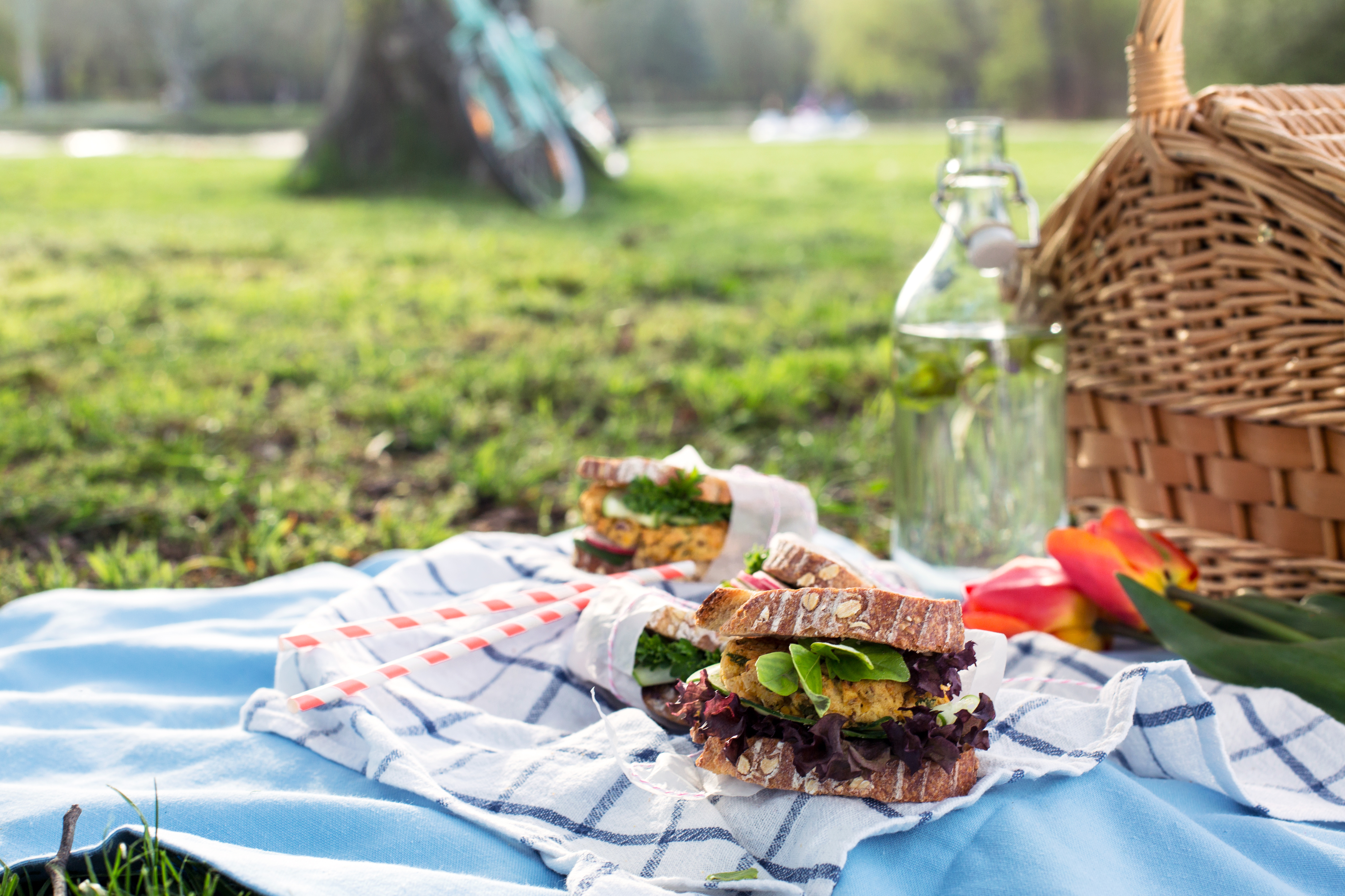 Foto: ShotnCut/Shutterstock Vegansk macka på picknickfilt med picknickkorg i bakgrunden.