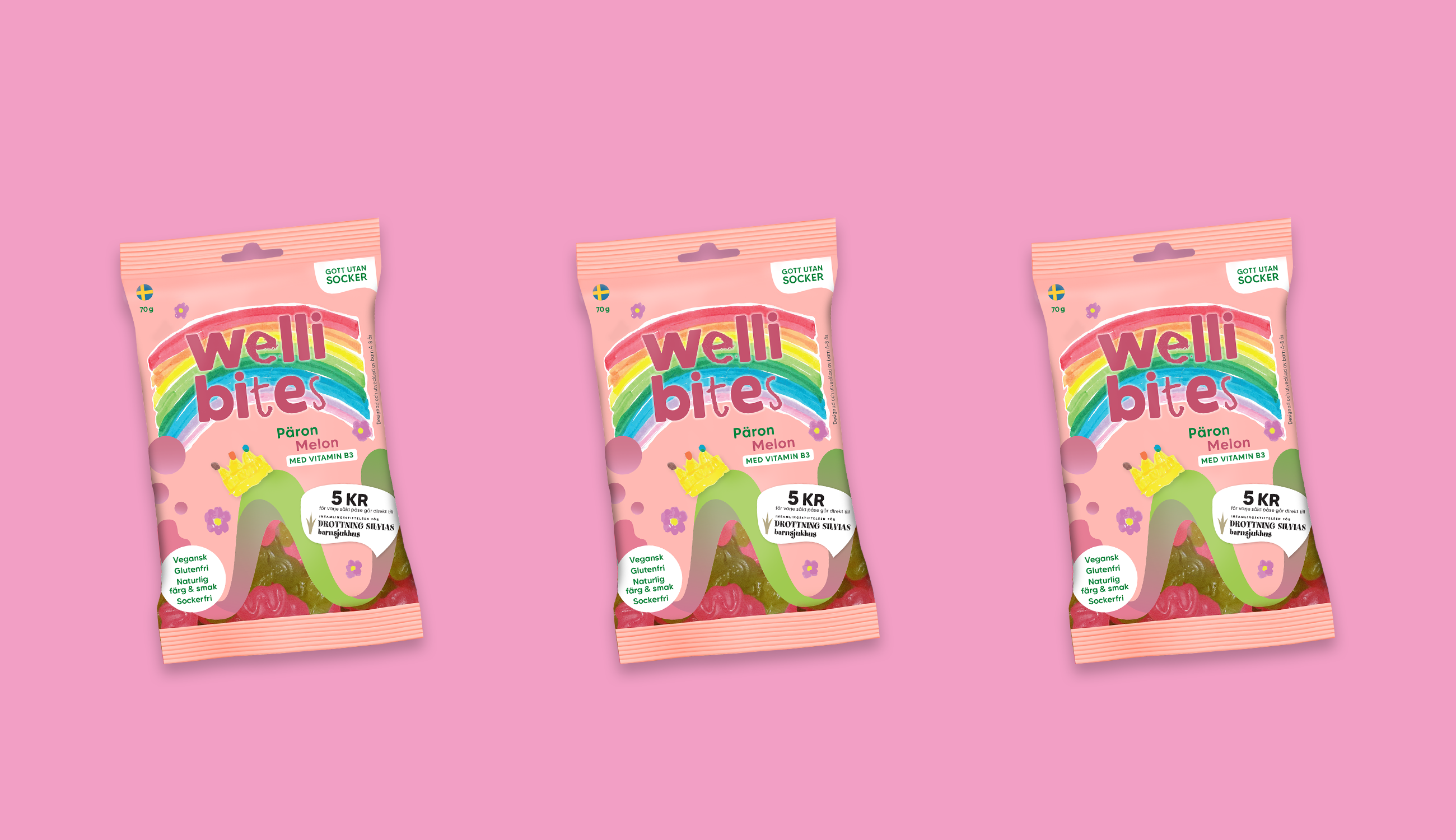 Produktfoto: Wellibites Tre uppradade godispåsar från wellibites uppradade mot en rosa bakgrund.