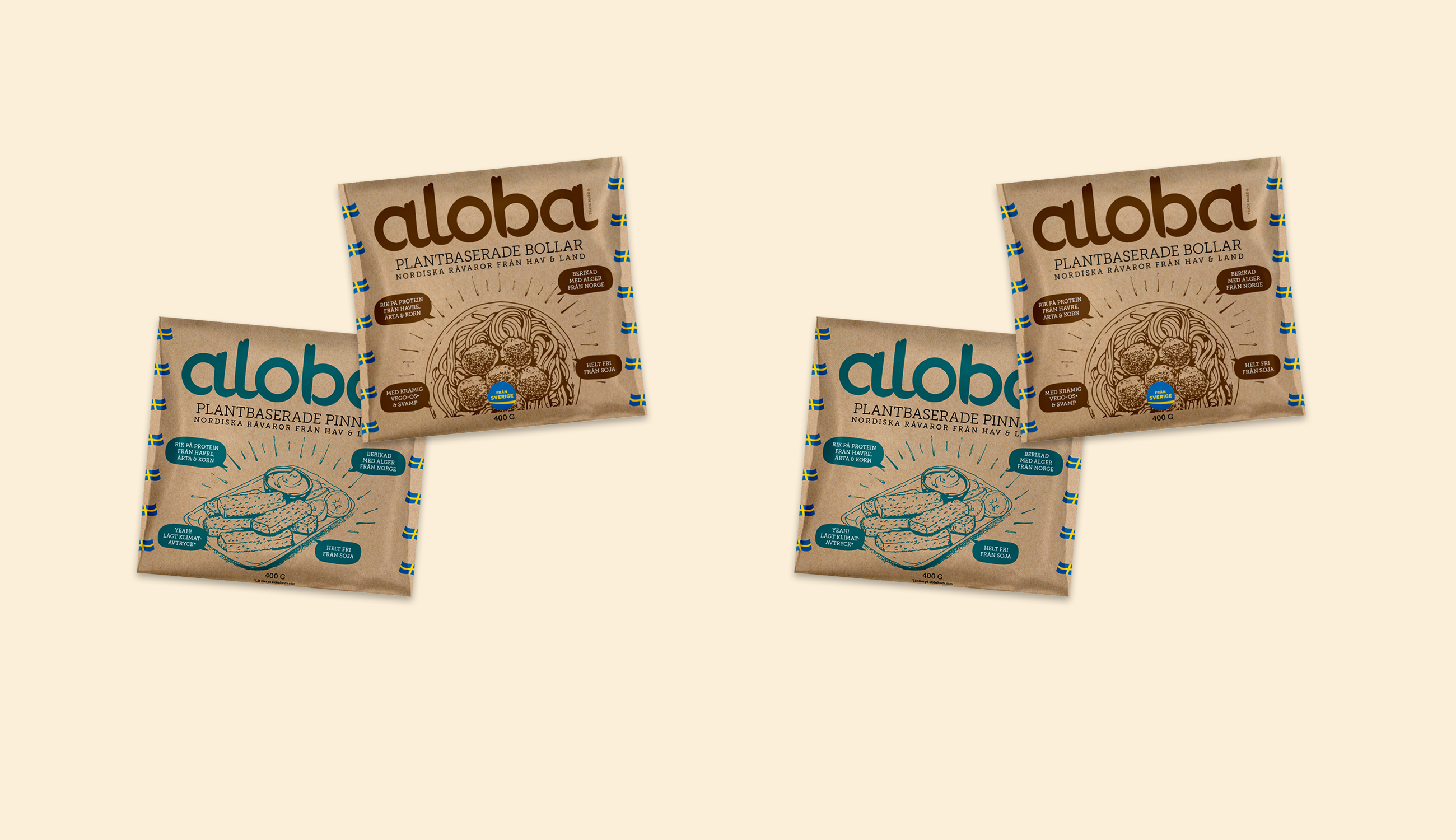 Produktfoto: Aloba Fyra paket växtbaserade bollar och pinnar i bruna förpackningar mot en ljusgul bakgrund