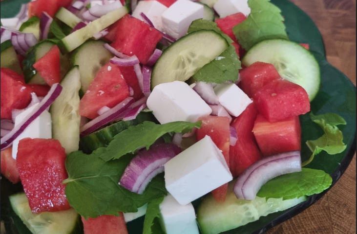 Foto: Camilla Bergvall Vattenmelon och vegansk fetasallad i en skål.