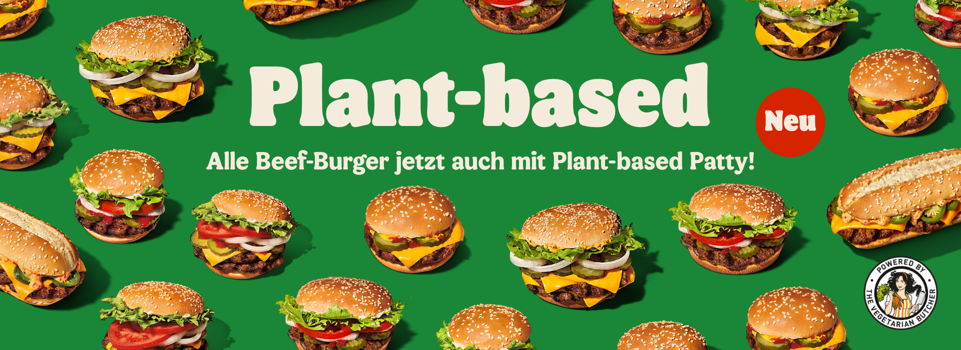 Produktfoto: Burger King DE Växtbaserade hamburgare utspridda på en grön bakgrund.