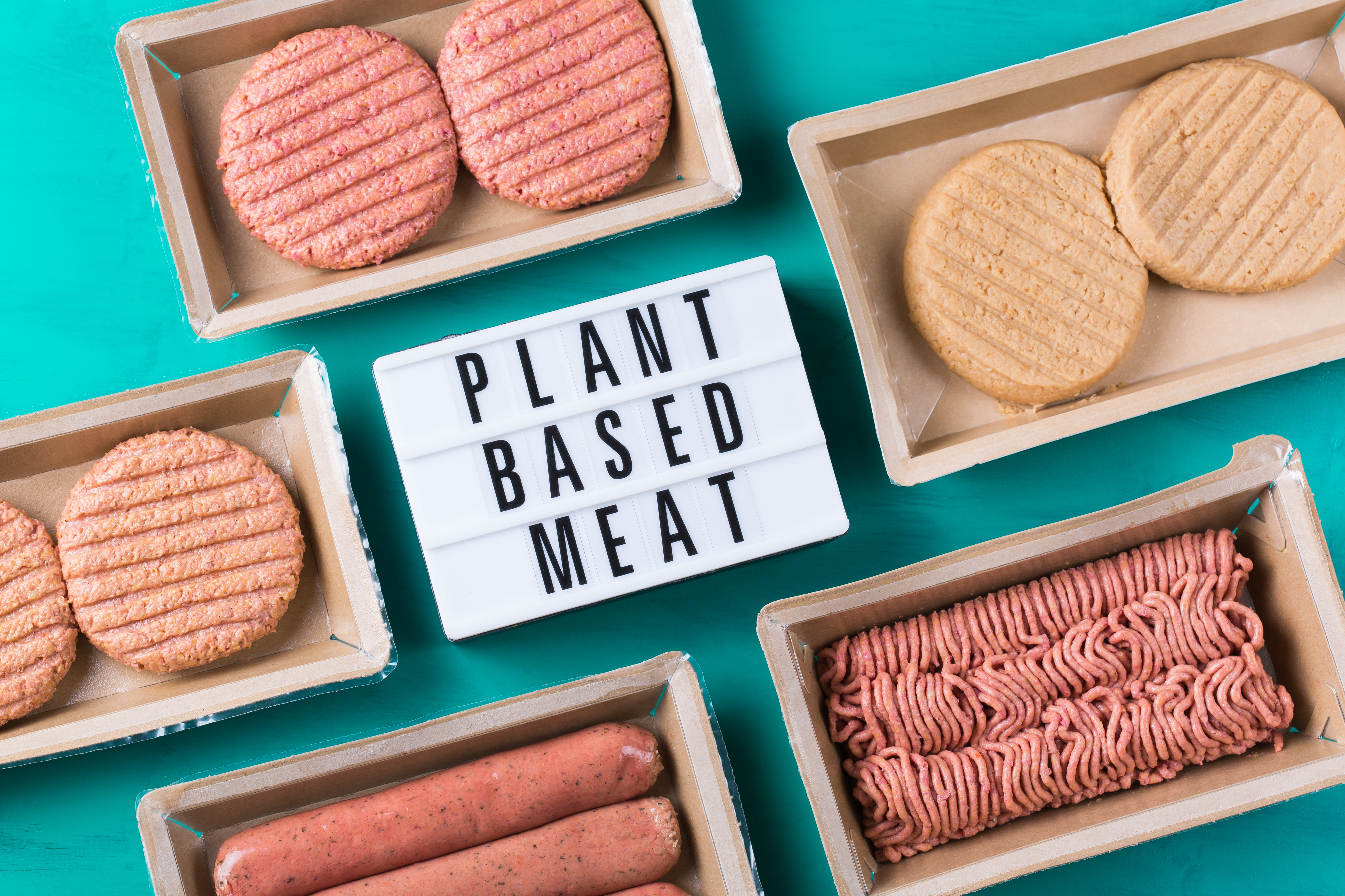 Foto: Antonina Vlasova/Shutterstock Växtbaserade köttsorrter som burgare, korv och färs, upplagda på ett turkost bord.