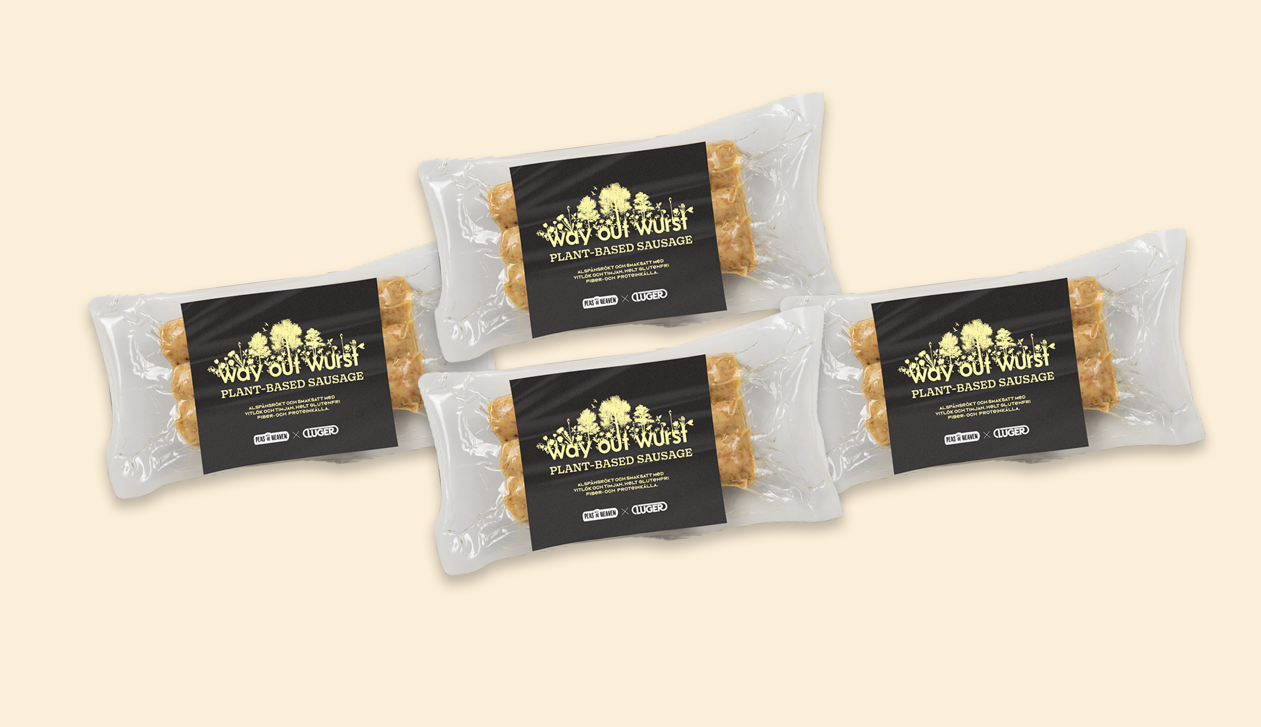 Produktfoto: Peas of Heaven Fyra förpackningar vegokorv utspridda på en ljusgul bakgrund.