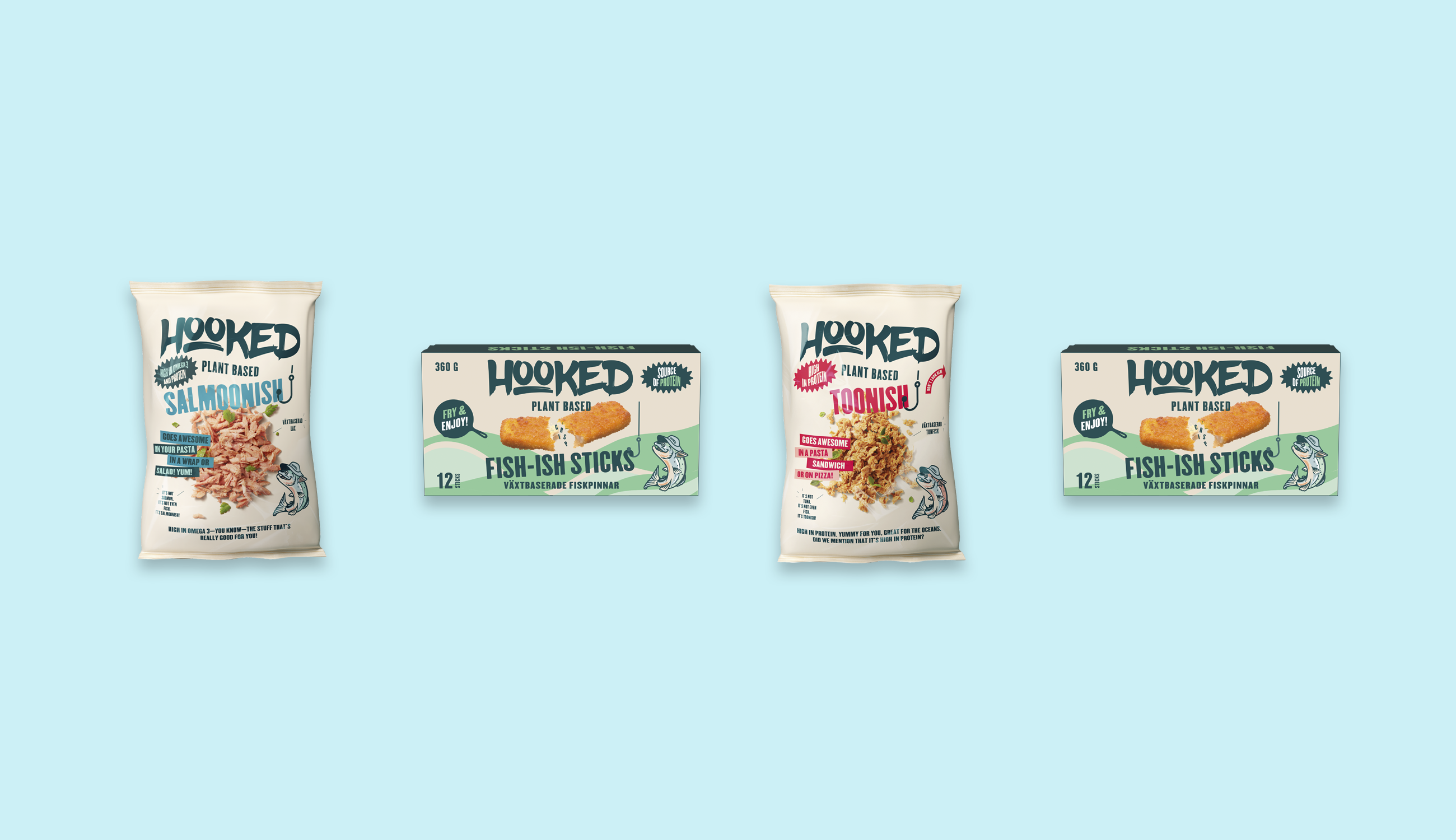 Produktfoto: Hooked Foods Växtbaserade fiskalternativ uppradade mot en ljusblå bakgrund.