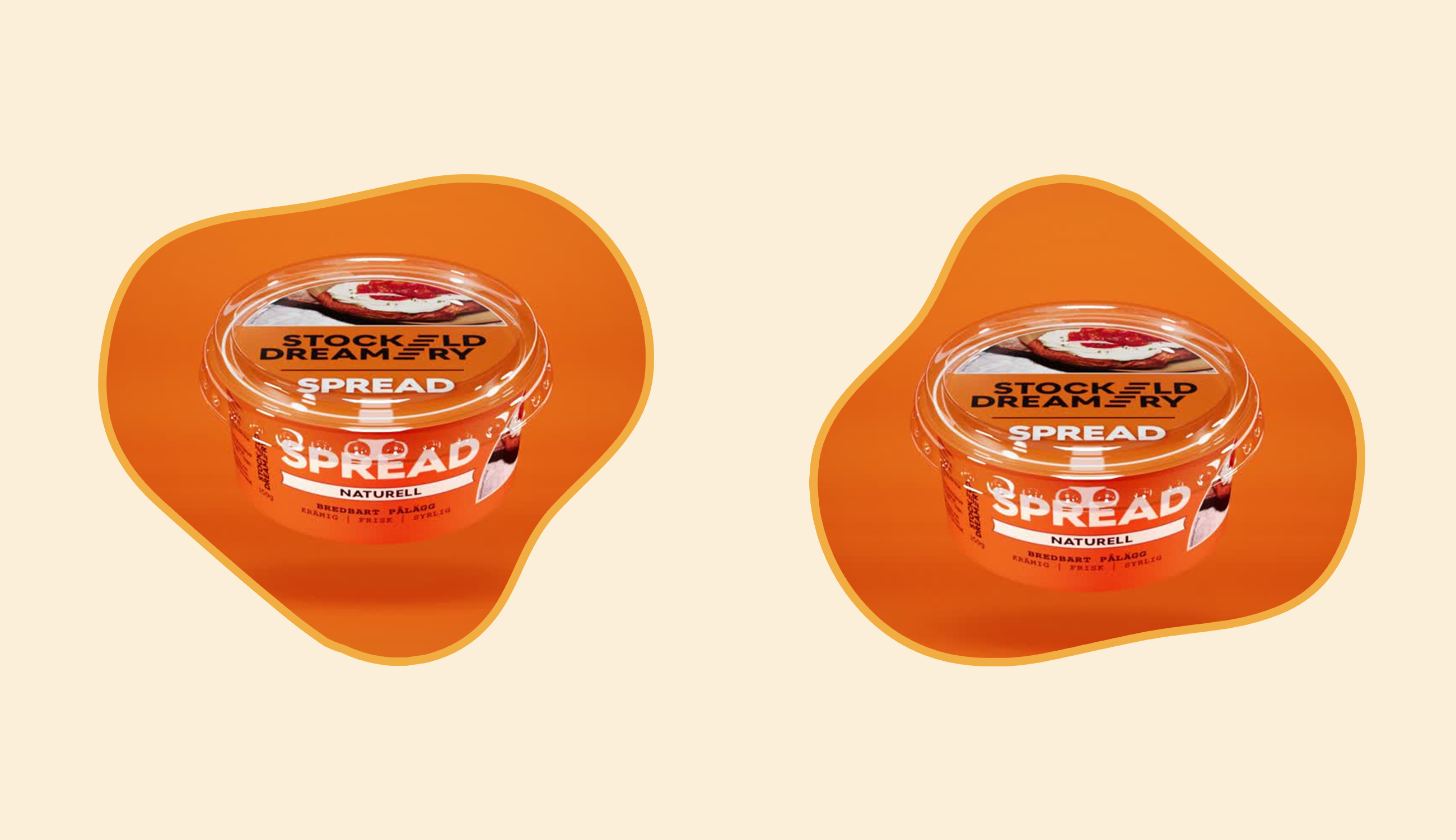 Produktfoto: Stockeld Dreamery Två ojämna former med en organge växtbaserad cream cheese i varje form på en ljusgul bakgrund.