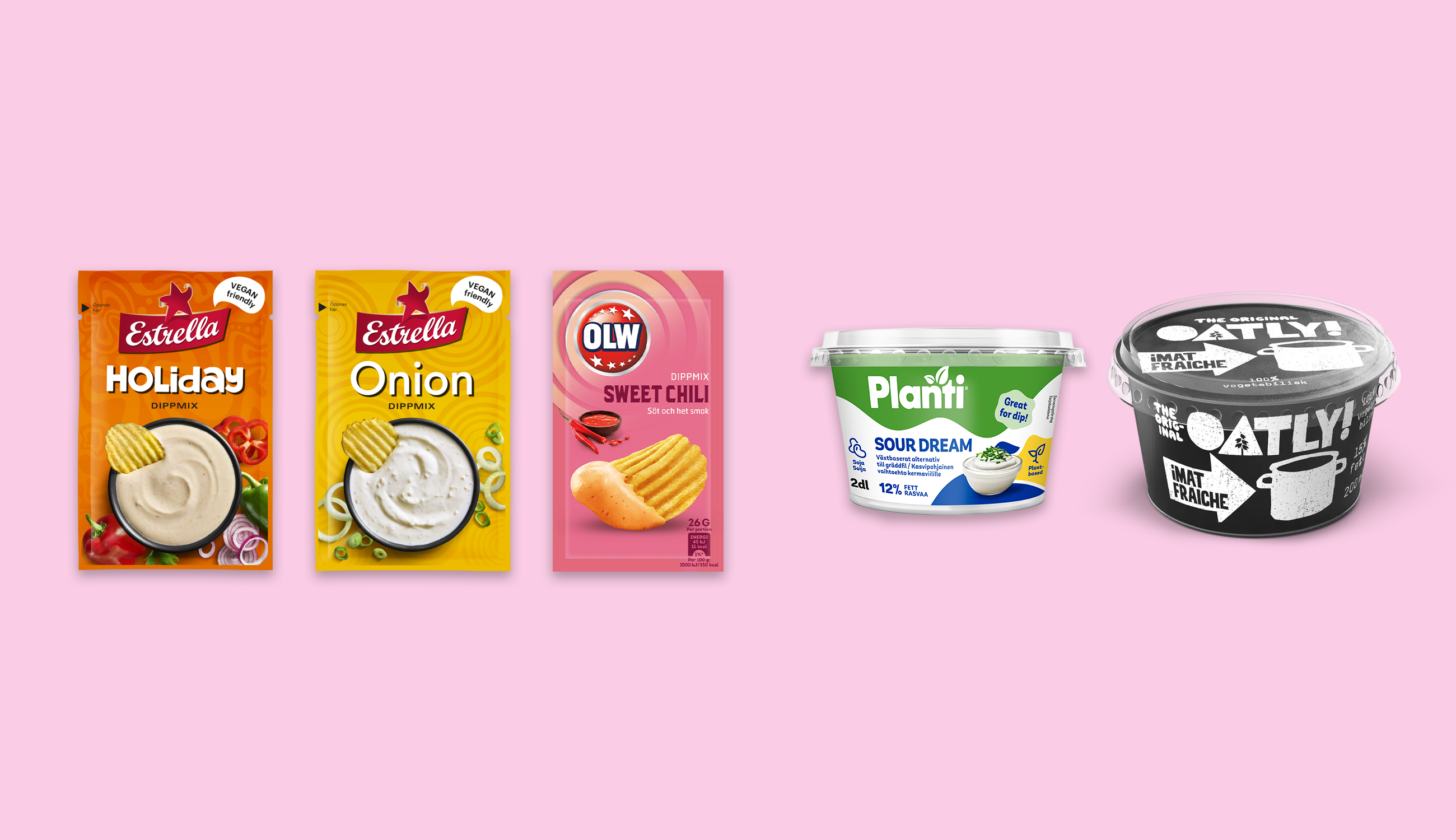 Dippåsar och veganska fraichar mot en ljusrosa bakgrund.