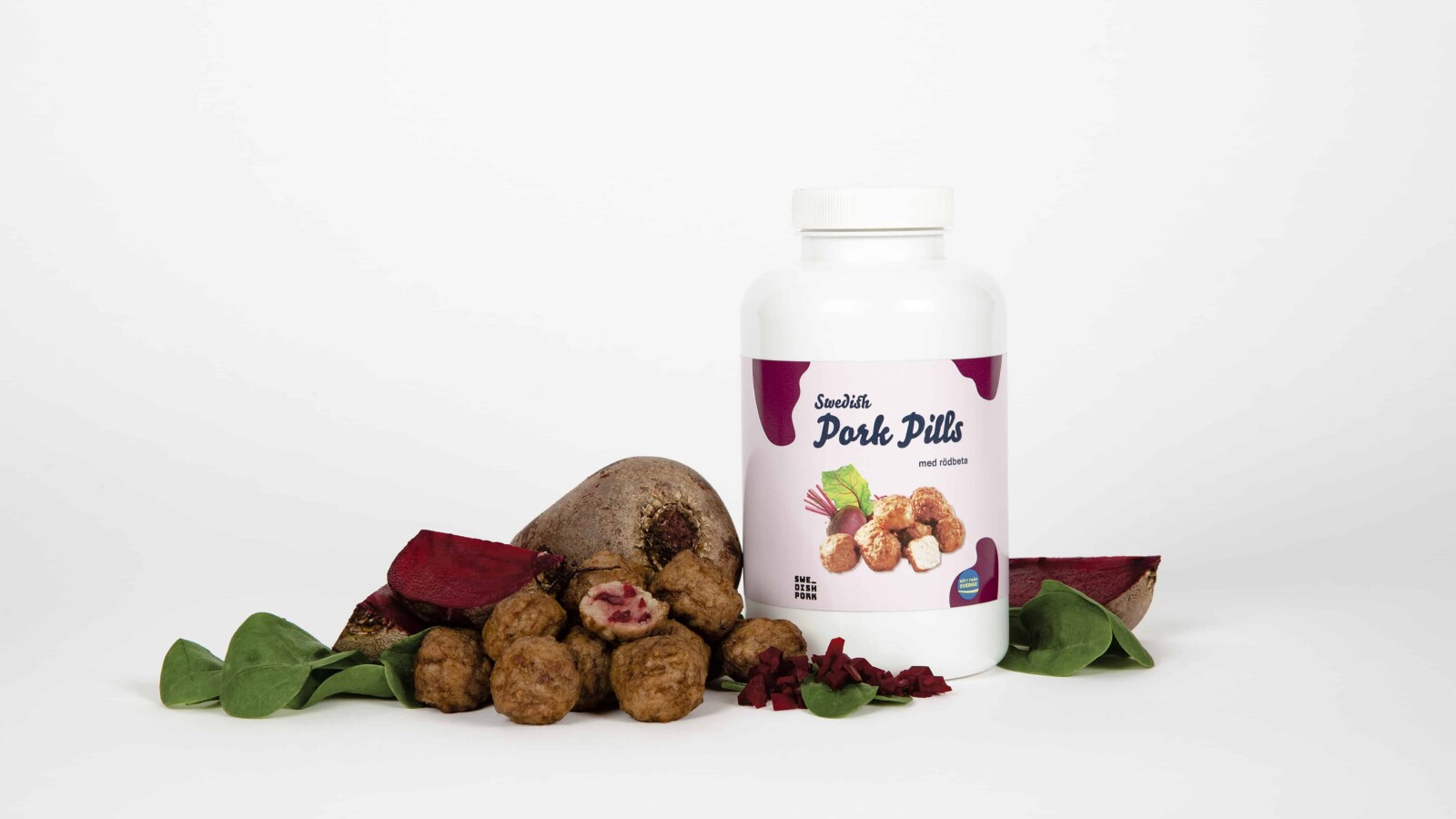 Produktfoto: Swedish Pork Köttbullar som kosttillskott mot en vit bakgrund