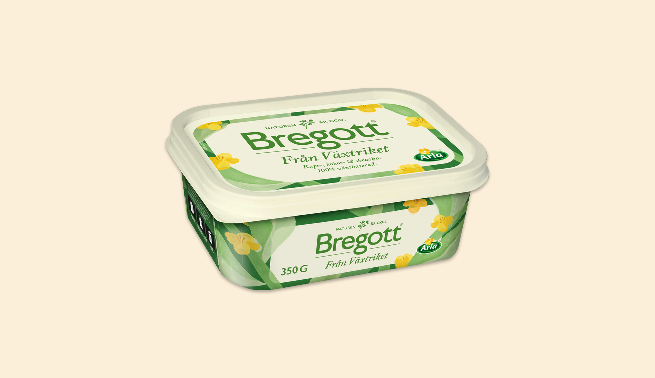 Produktfoto: Arla En bytta med växtbaserat smör mot en ljusgul bakgrund