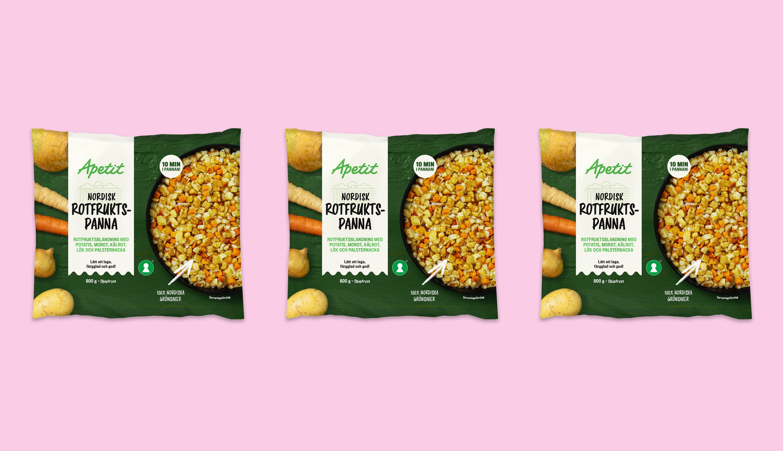 Produktfoto: Apetit Tre påsar med rotfruktspytt uppradade mot en ljusrosa bakgrund.