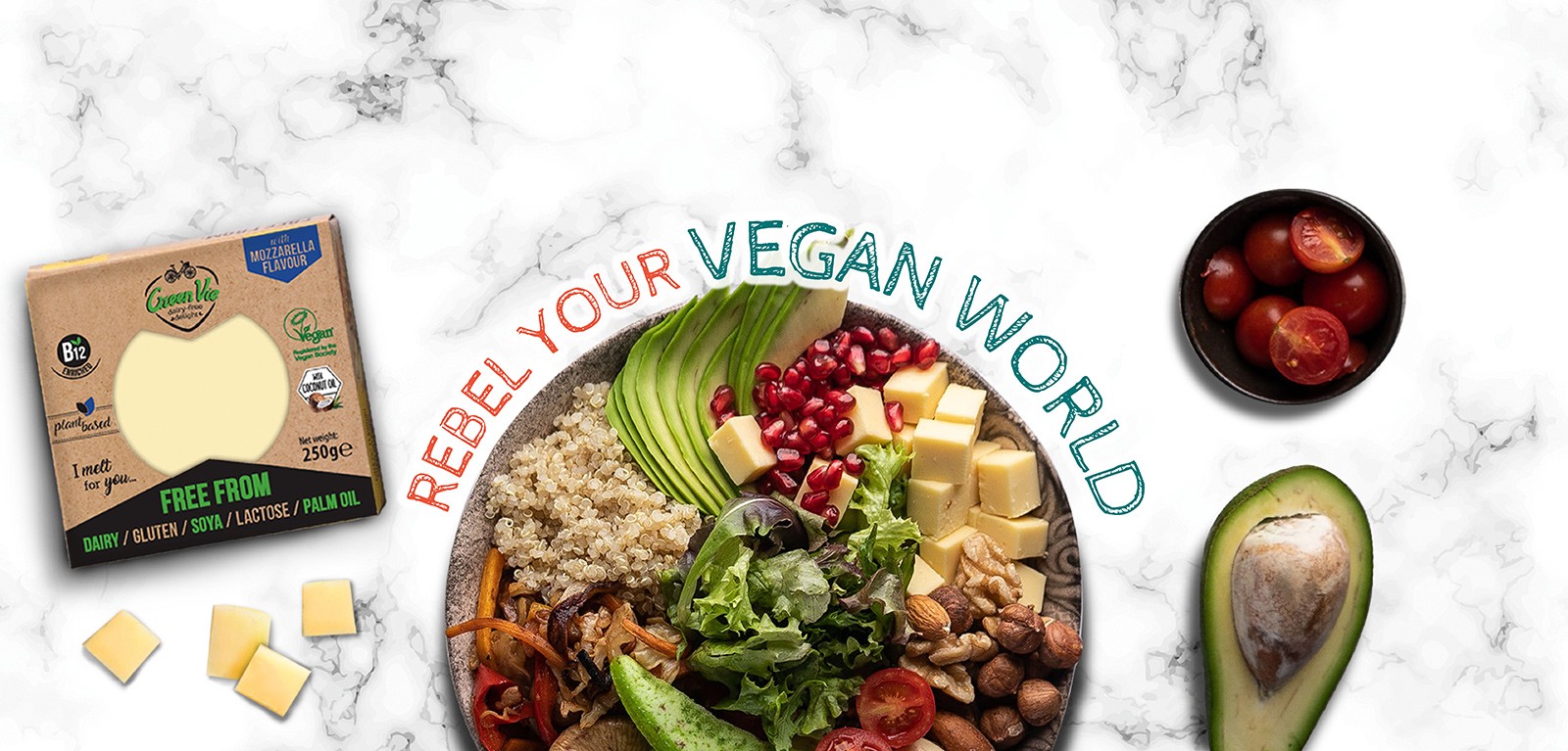 Produktfoto: GreenVie Vegansk ost i en sallad