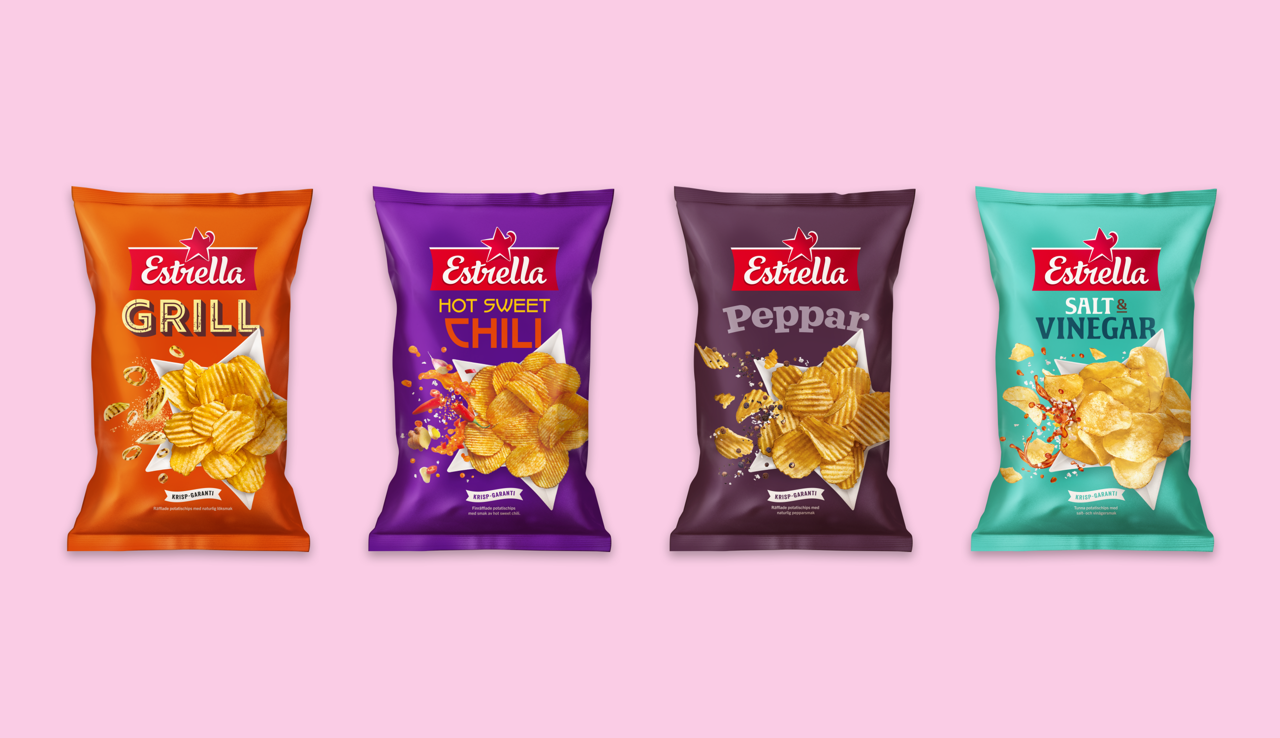 Produktfoto: Estrella Chipspåsar uppradade mot en ljusrosa bakgrund.