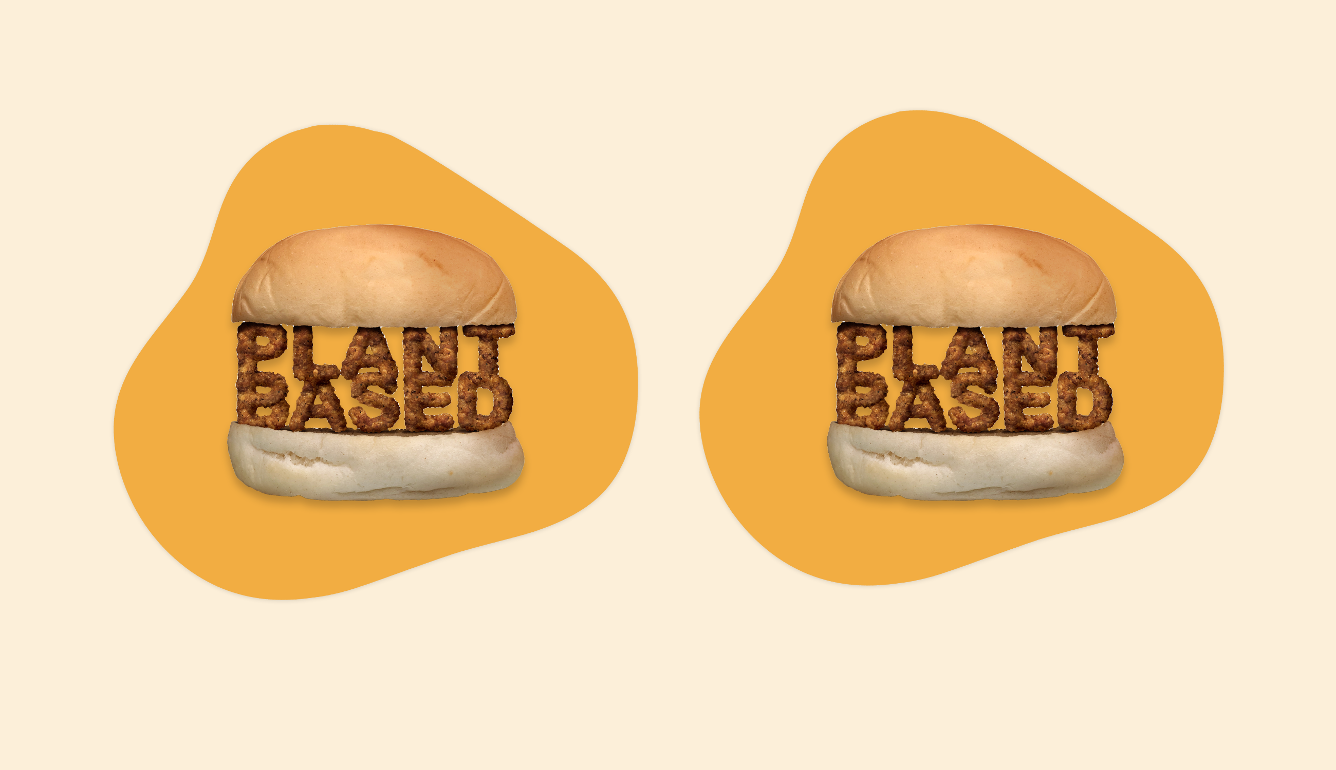 Foto: Lightspring/Shutterstock Två mörkgula blobbar på en ljusgul bakgrund. I blobbarna är det två hamburgerbröd med texten plant based emellan.