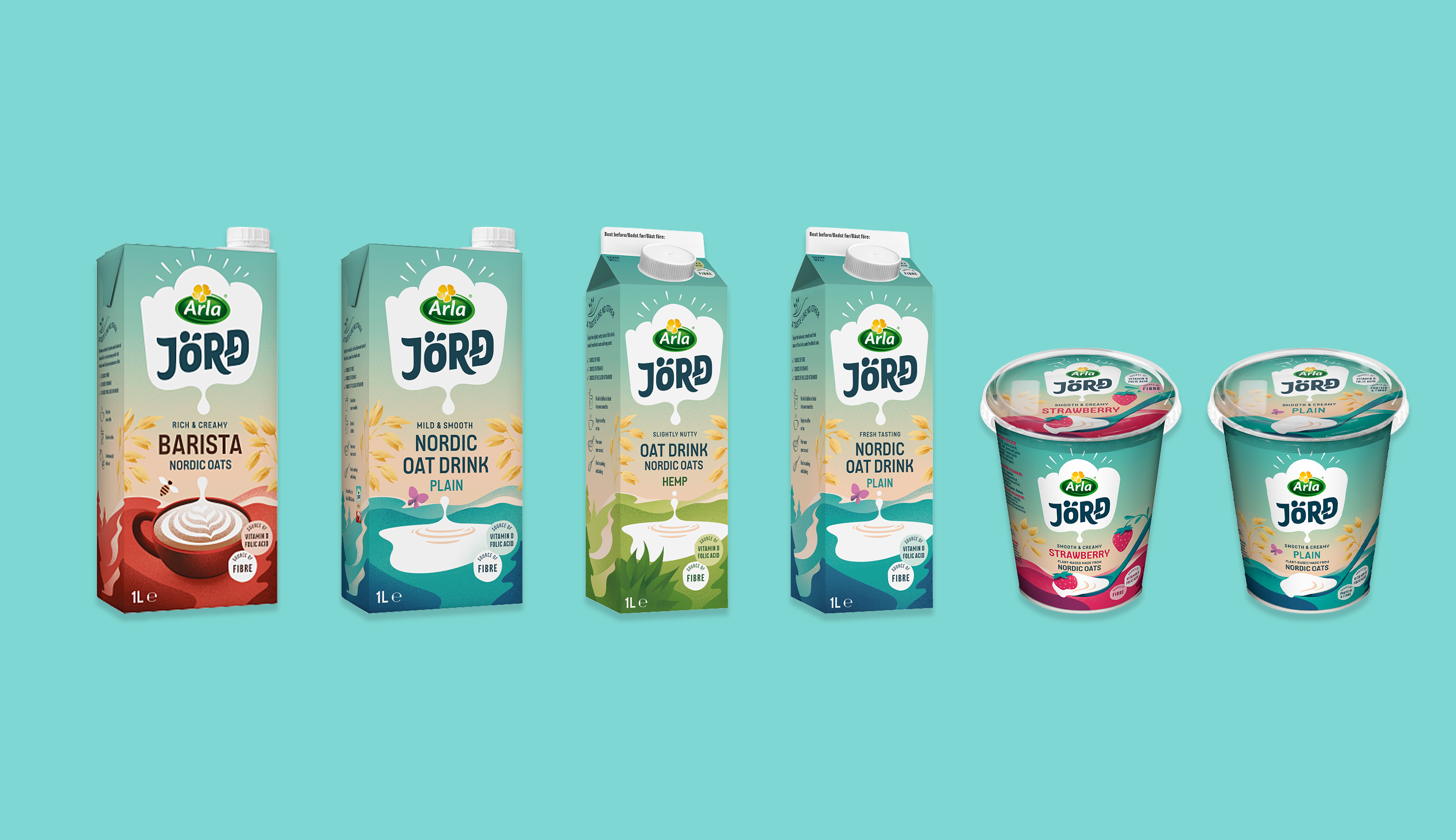 Produktfoto: Arla 6 förpackningar med havrebaserade växtdrycker och yoghurts uppradade mot en vit bakgrund