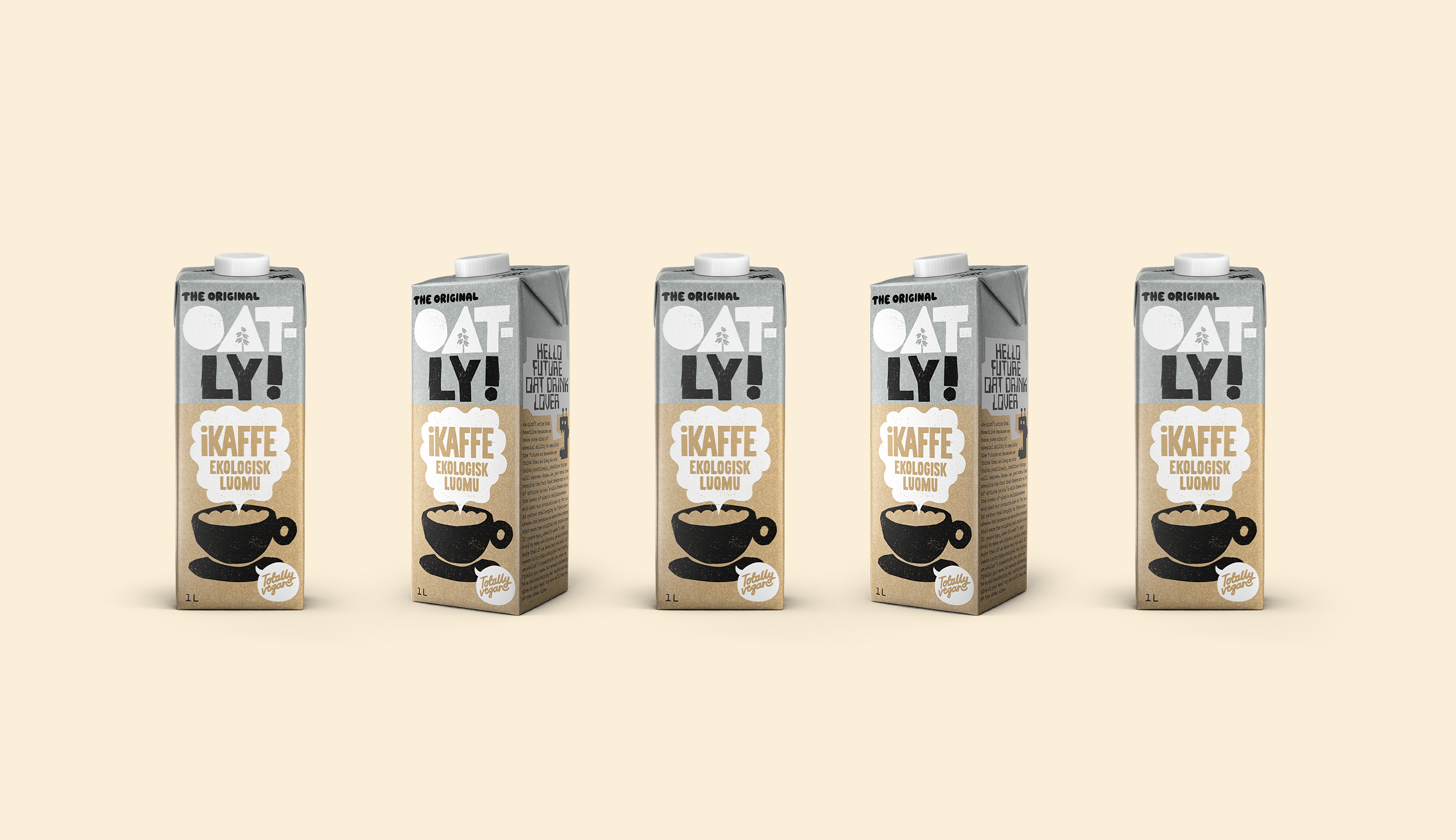 Produktfoto: Oatly 5 tetror med växtdryck mot en ljusgul bakgrund
