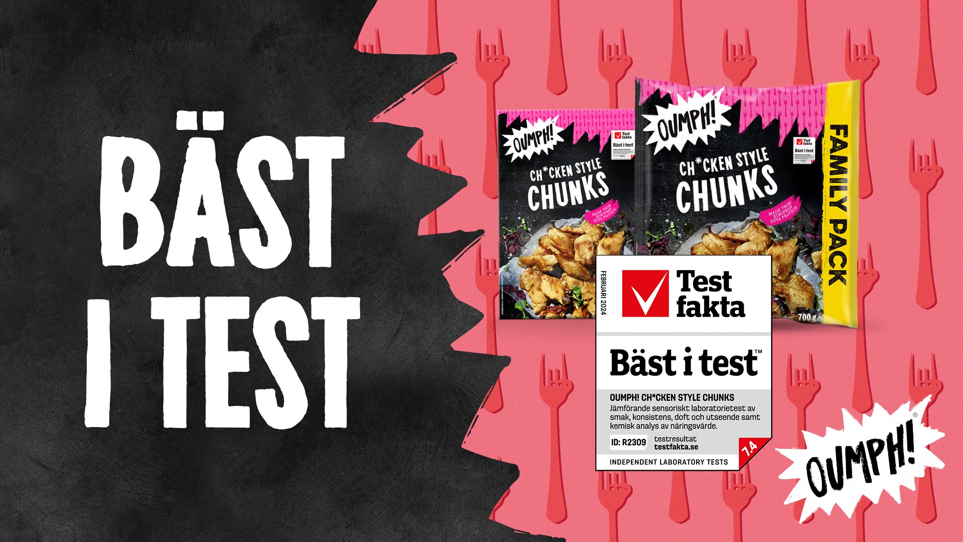 Produktfoto: Oumph/LIVEKINDLY En poster där det står "bäst i test" men två produkter från veganska märket Oumph!