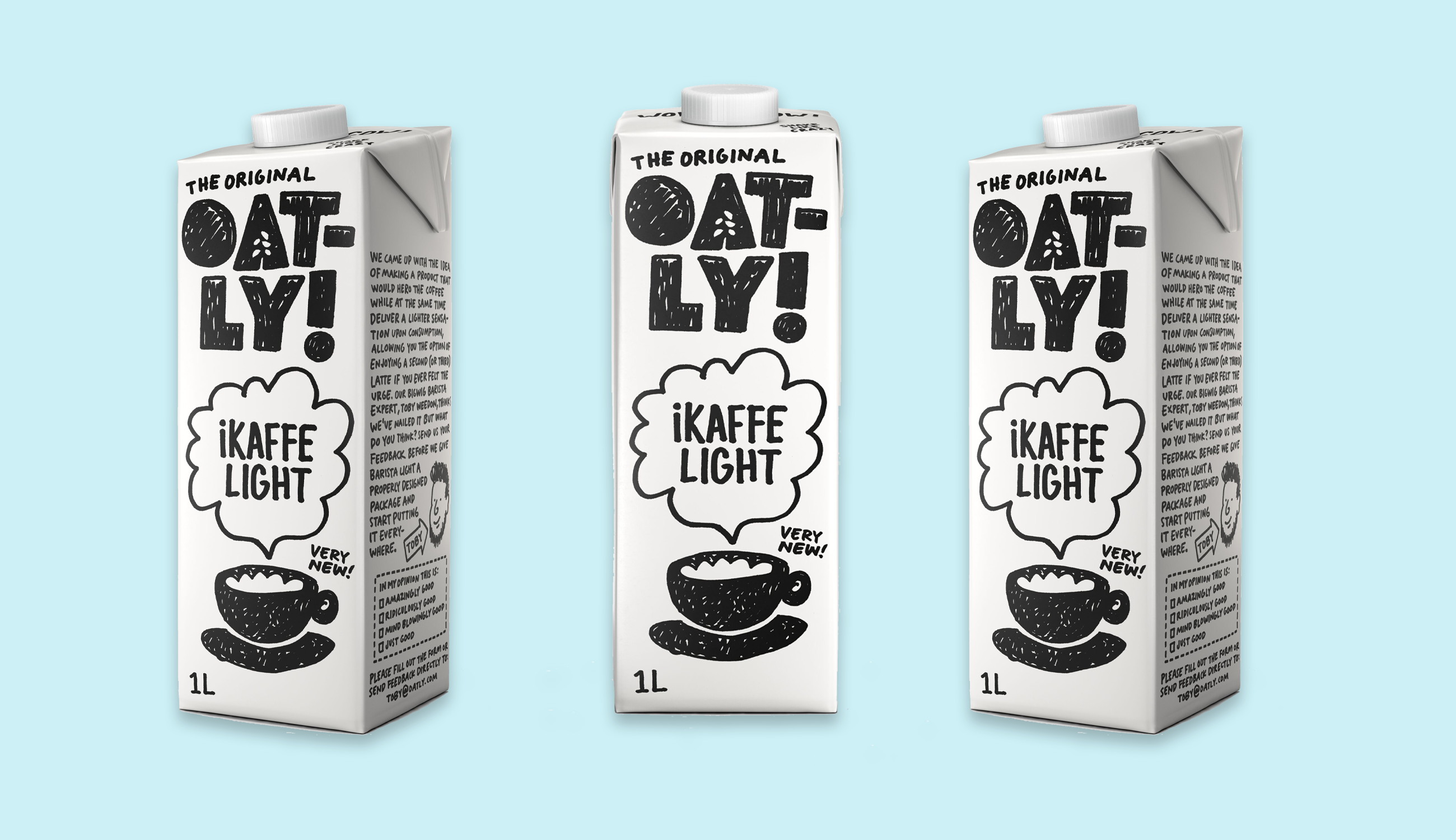 Produktfoto: Oatly Tre förpackningar växtbaserade drycker uppradade mor en ljusblå bakgrund