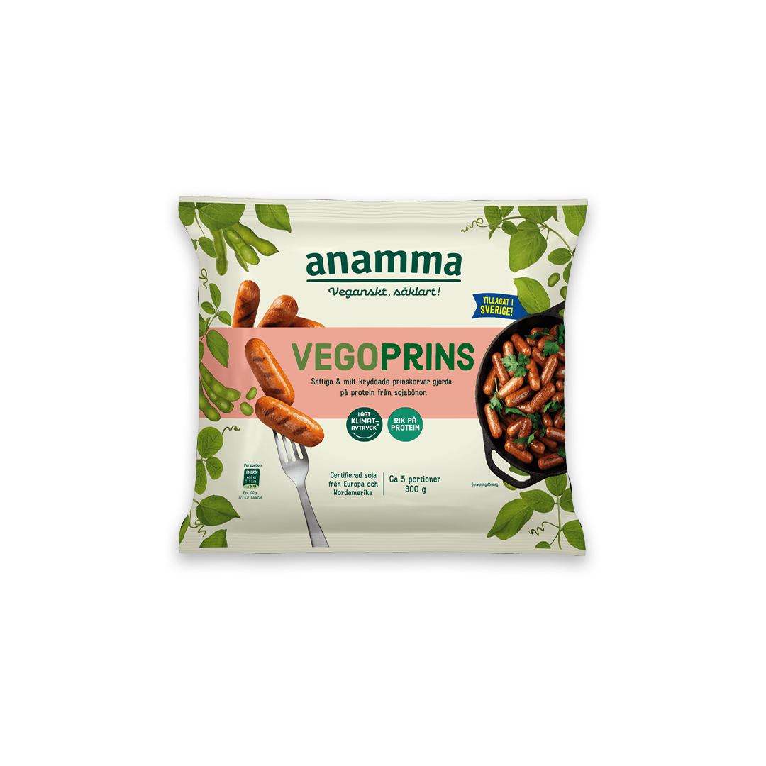 en förpackning vegoprinskorvar mot en vit bakgrund