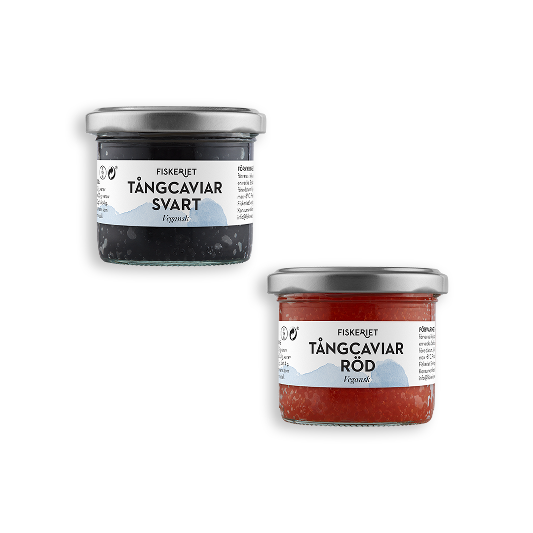 två glasburkar tångcaviar mot en vit bakgrund
