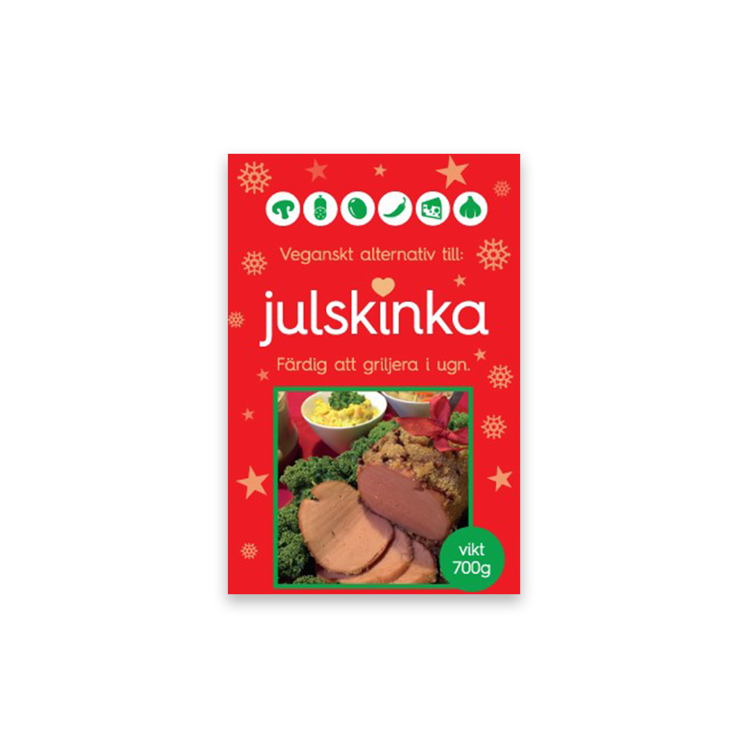en förpackning vegansk julskinka mot en vit bakgrund