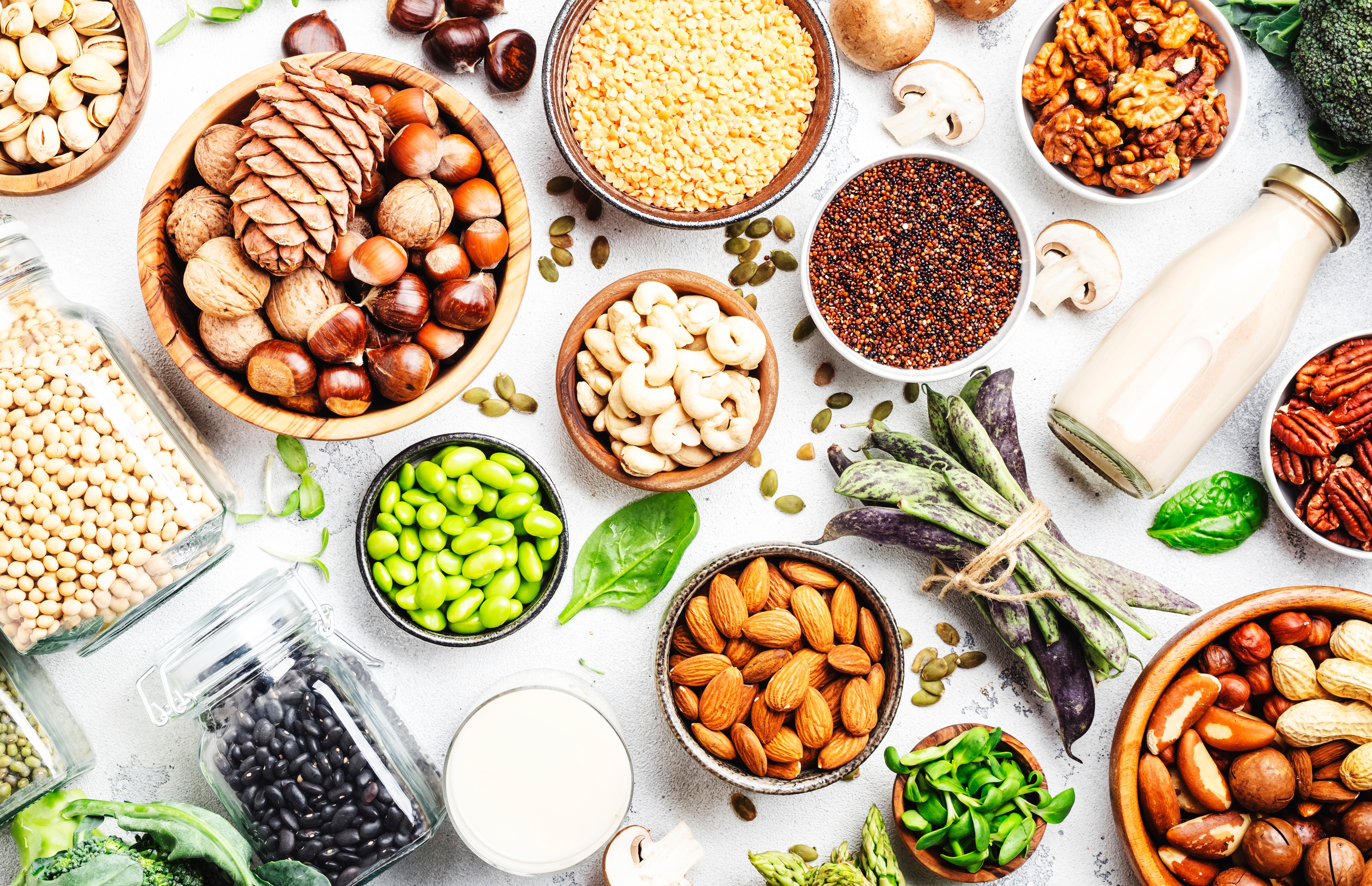 Foto: 5PH/Shutterstock Vegan protein. Full set of plant based vegetarian food sources. Healthy eating, diet ingredients: legumes, beans, lentils, nuts, soy and almond milk, tofu, quinoa, chia, vegetables, spinach, seeds