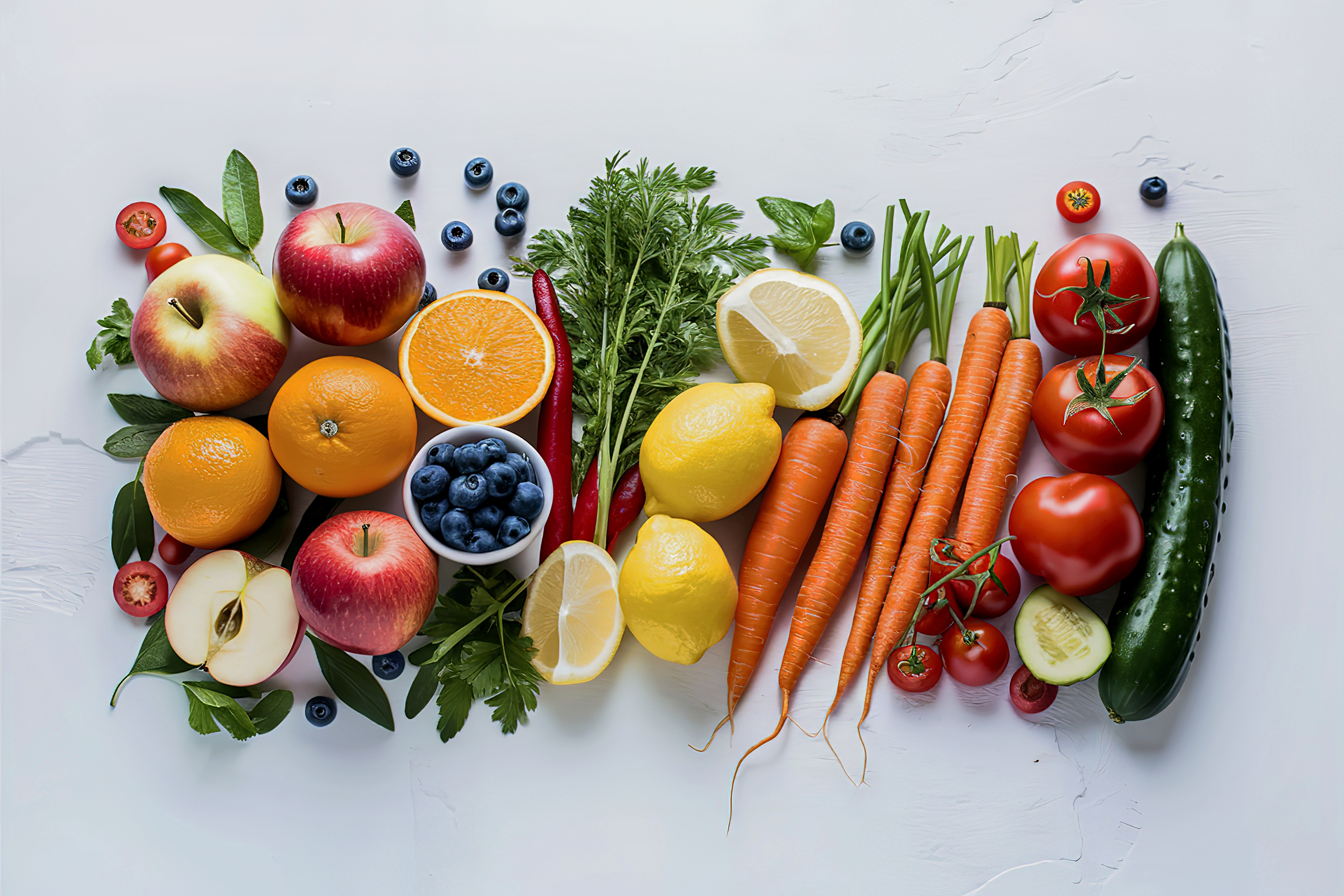 Foto: linojocaru/Shutterstock Frukt och grönt uppradat på ett vitt bord
