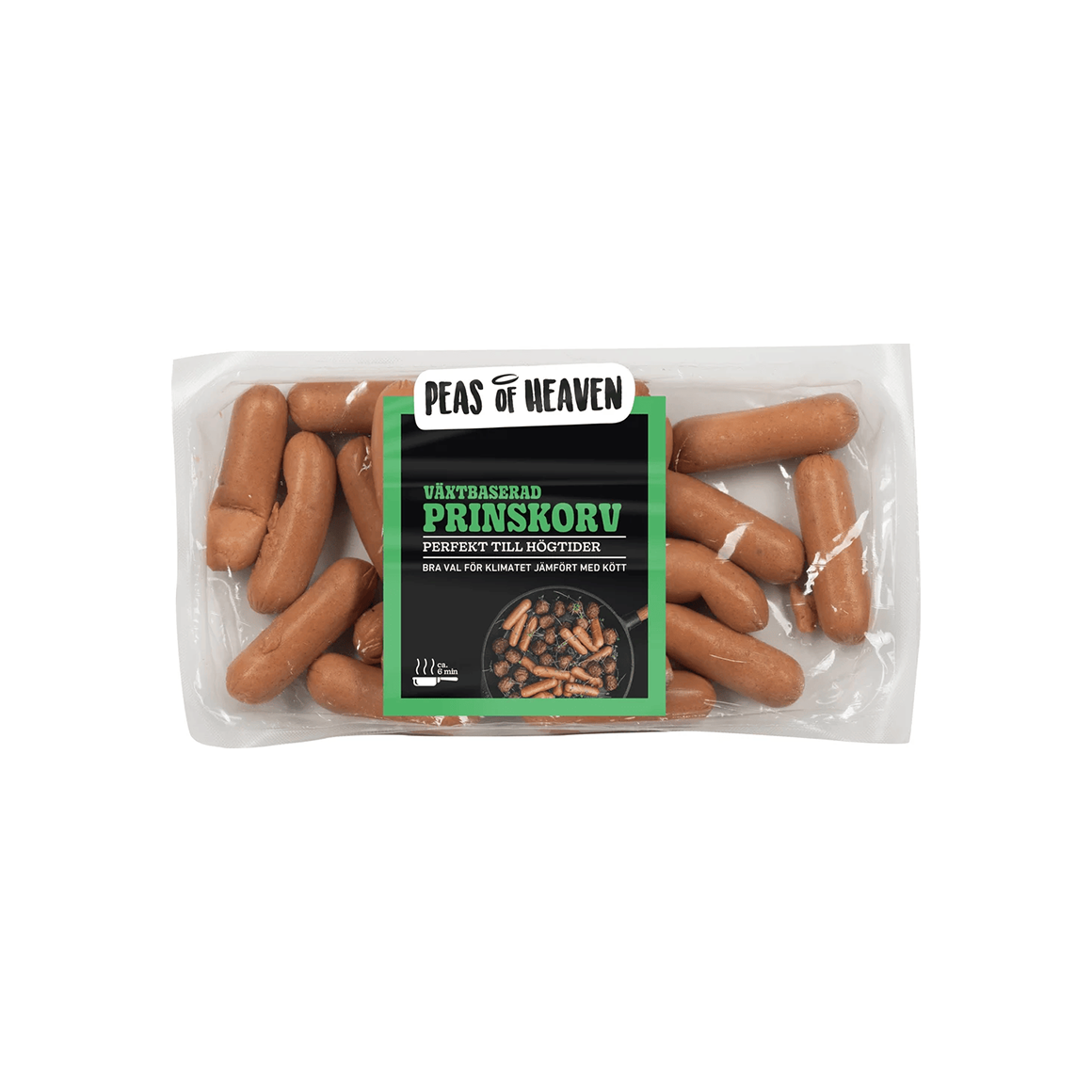Vegansk prinskorv i en förpackning mot en vit bakgrund
