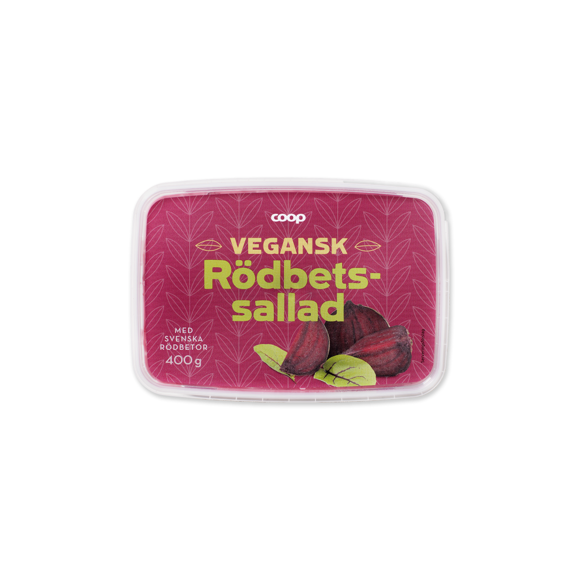 en burk veganska rödbetssallad mot en vit bakgrund