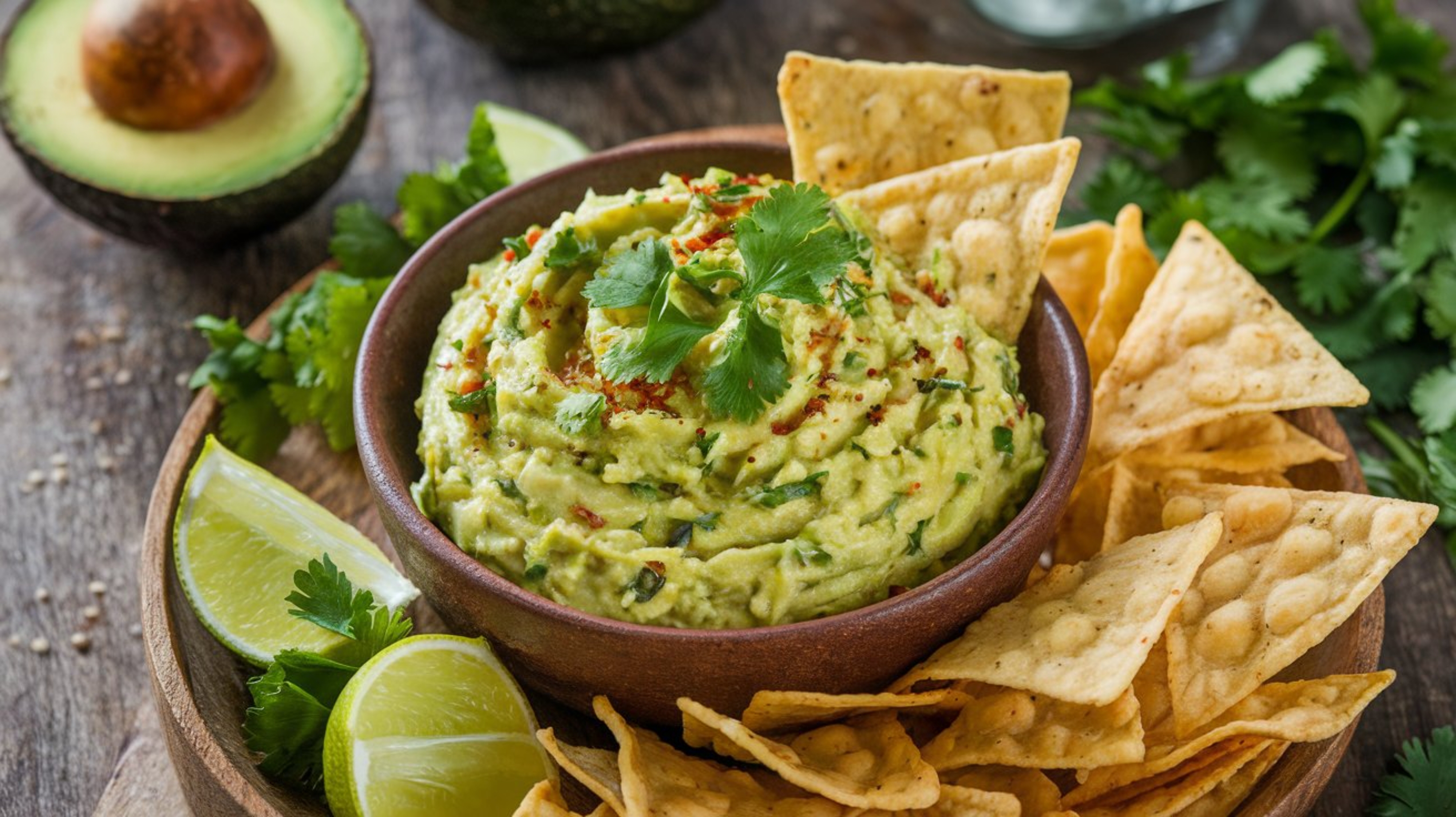 Guacamole på ett fat med nachos