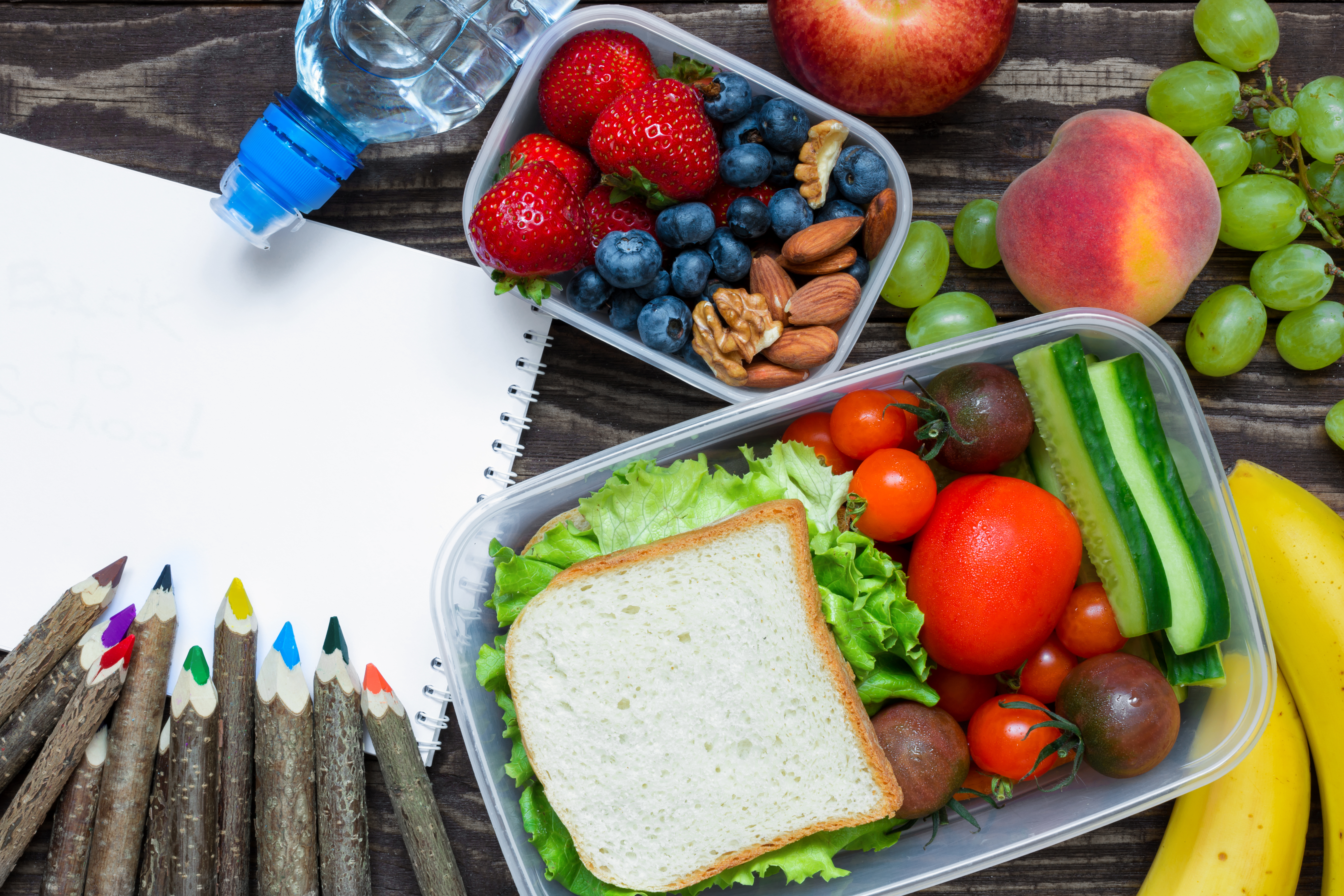 Foto: Shutterstock, Artem Evdokimov Bild på smörgås, frukt, ett A4 och pennor