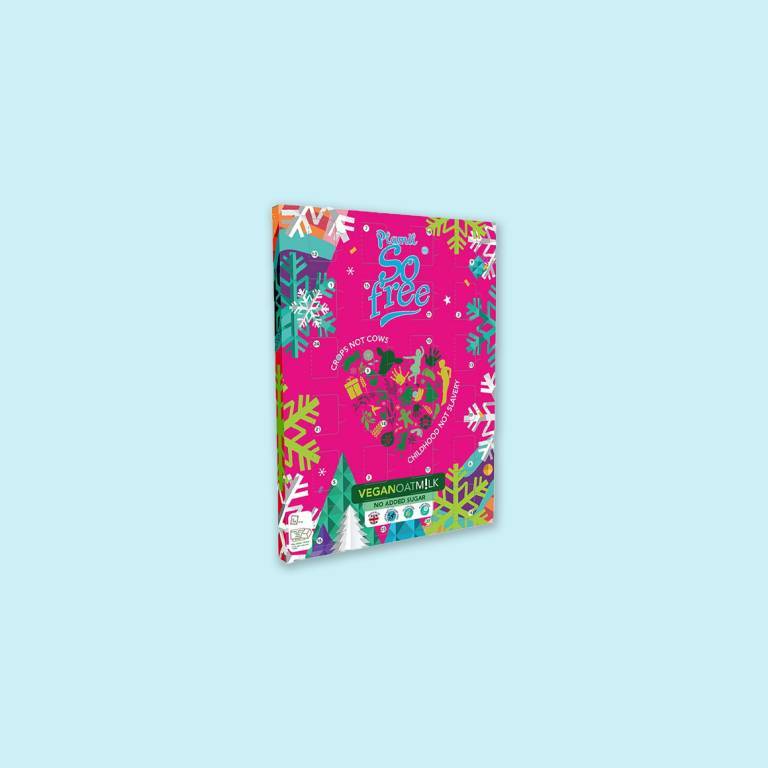 Vegansk chokladkalender mot ljusblå bakgrund